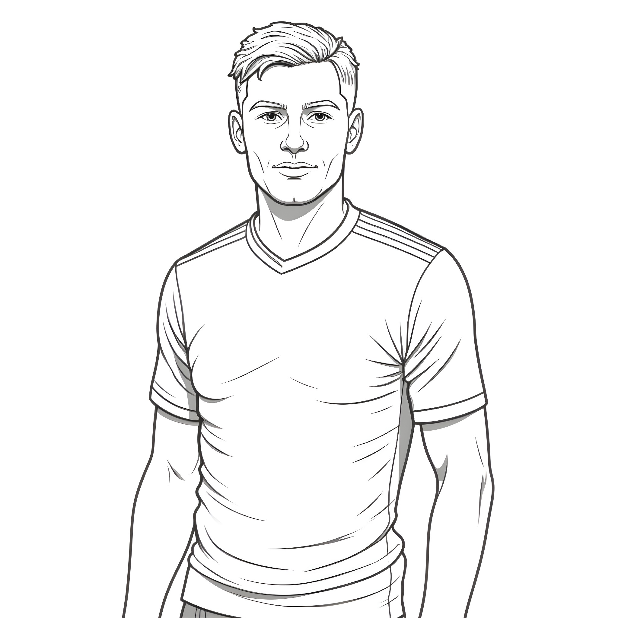 Gooner Soccer Player's Determined Expression Coloring Page (free black-and-white line drawing printable PDF for all, from beginners to advanced learners, including children, teens, adults, and seniors)