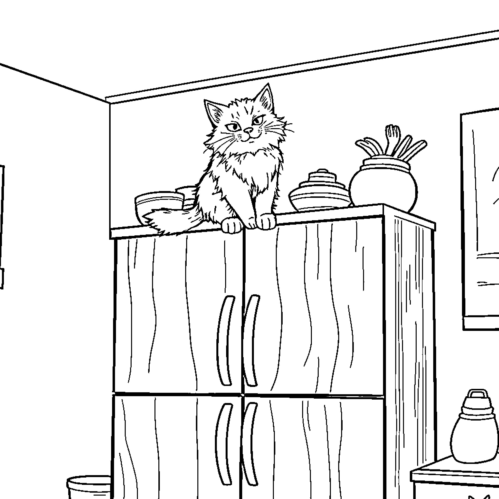 Cat perched on kitchen cabinets Coloring Page (free black-and-white line drawing printable PDF for all, from beginners to advanced learners, including children, teens, adults, and seniors)