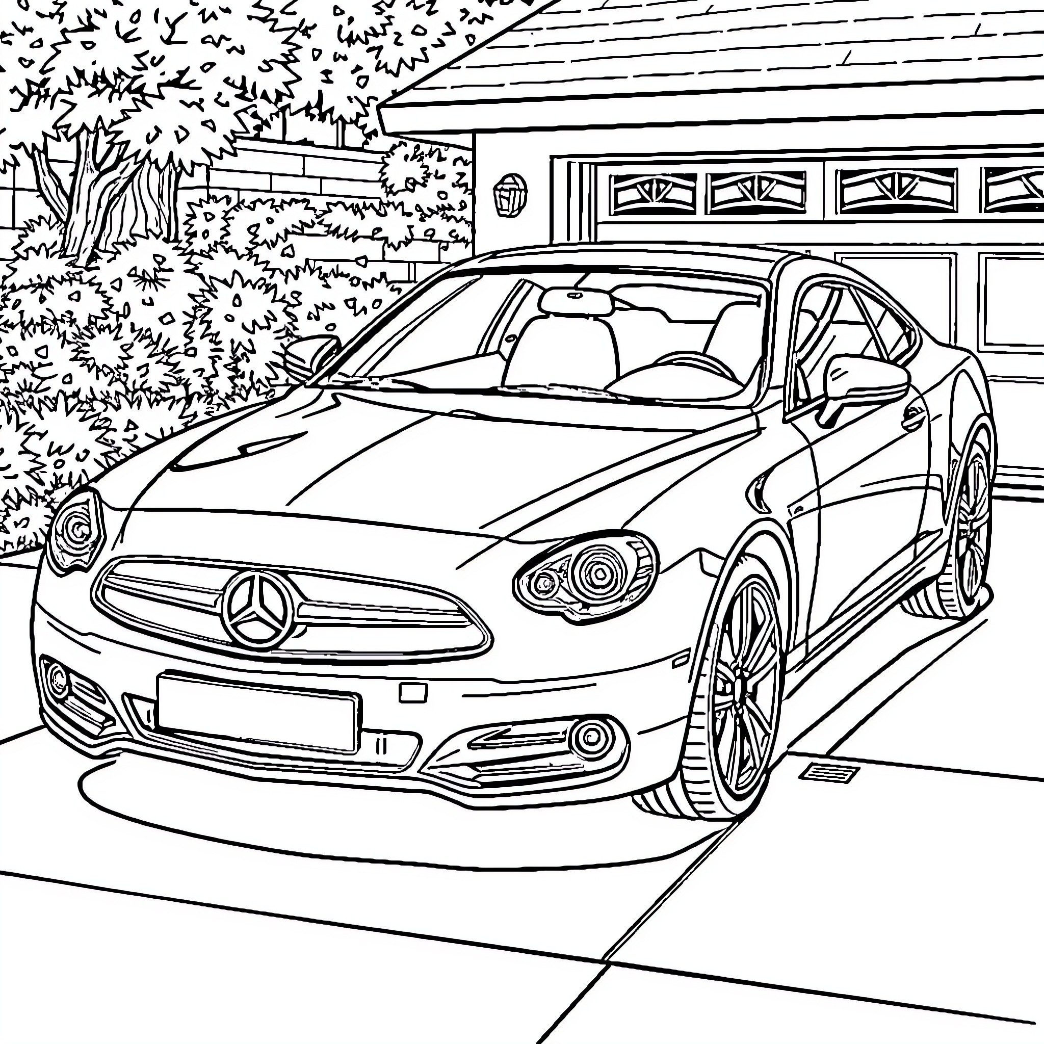 Car parked in front of garage with lush foliage Coloring Page (free black-and-white line drawing printable PDF for all, from beginners to advanced learners, including children, teens, adults, and seniors)