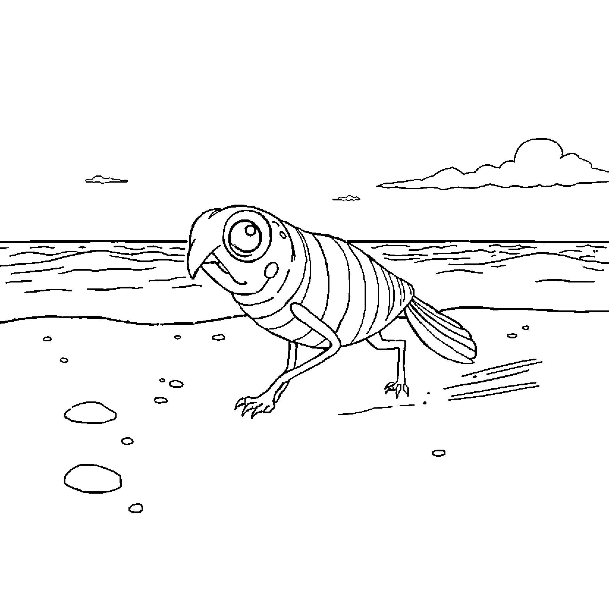 Crab crawling playfully on the beach Coloring Page (free black-and-white line drawing printable PDF for all, from beginners to advanced learners, including children, teens, adults, and seniors)