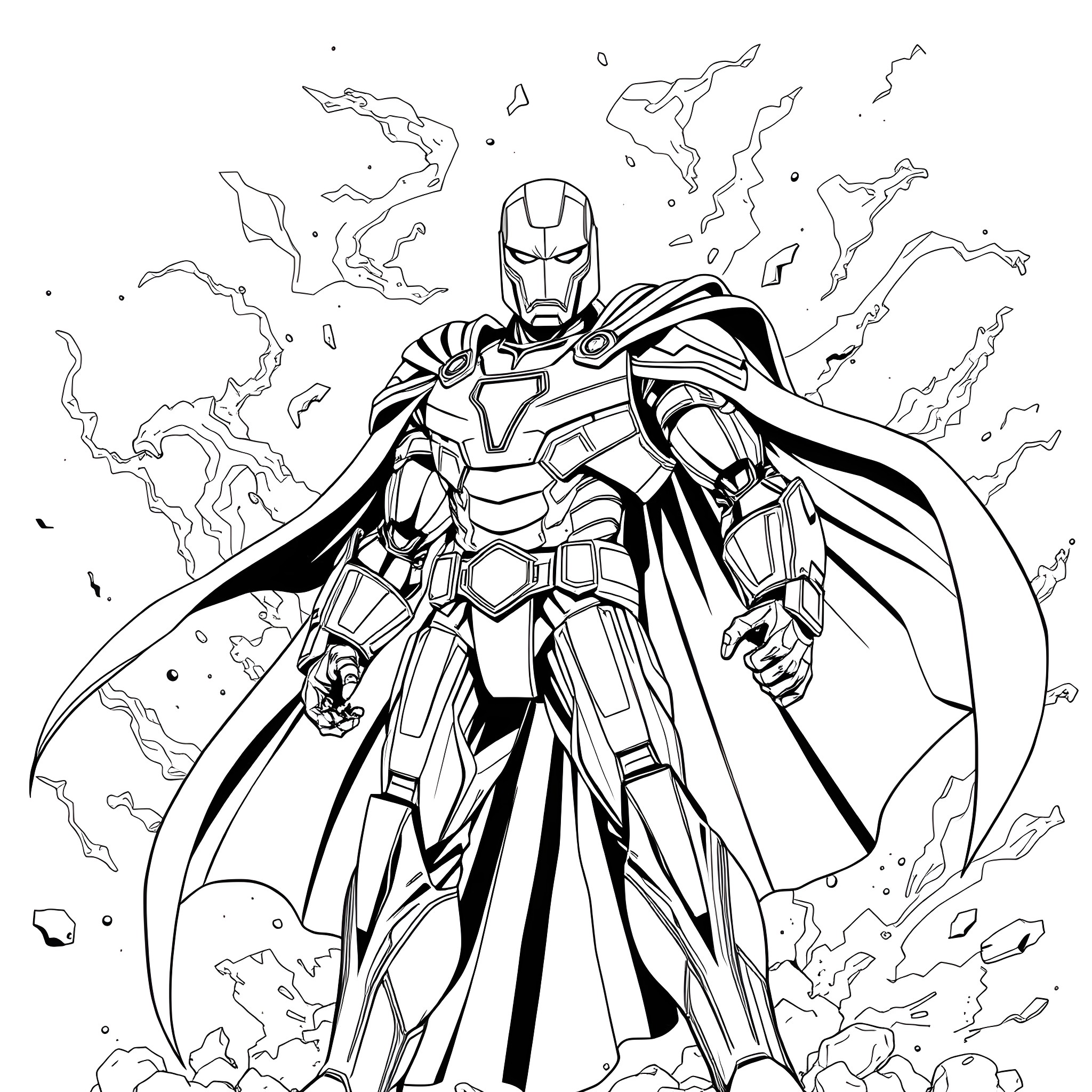 Doctor Doom's Powerful Stance Amid Electrifying Surroundings Coloring Page (free black-and-white line drawing printable PDF for all, from beginners to advanced learners, including children, teens, adults, and seniors)