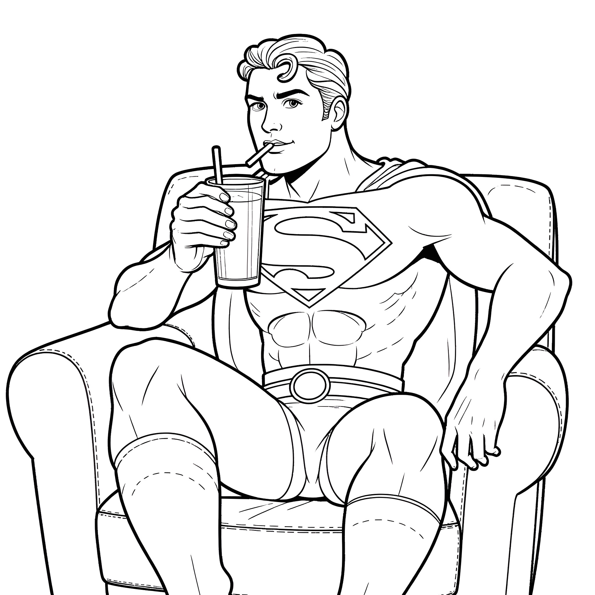 Superman relaxing with a refreshing drink Coloring Page (free black-and-white line drawing printable PDF for all, from beginners to advanced learners, including children, teens, adults, and seniors)