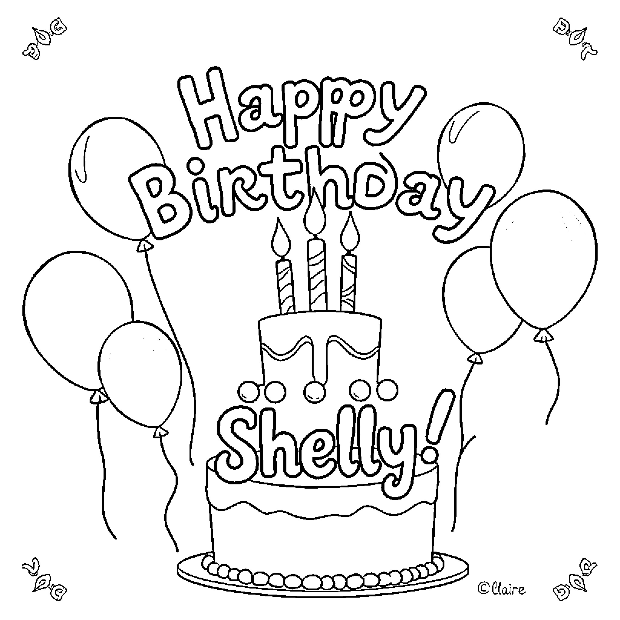 Birthday Cake and Balloons for Shelly Coloring Page (free black-and-white line drawing printable PDF for all, from beginners to advanced learners, including children, teens, adults, and seniors)