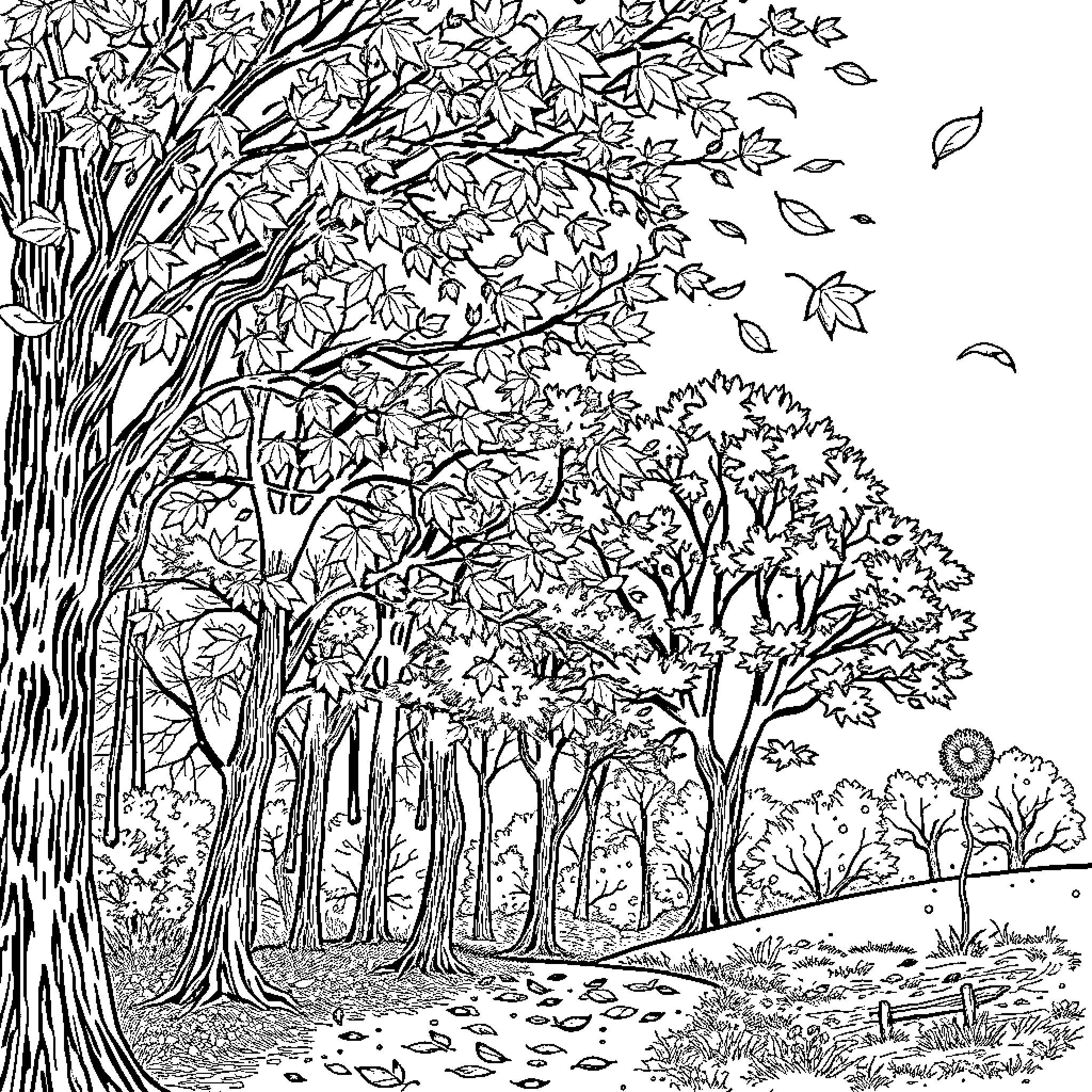 Autumn scenery with fallen leaves and lush trees Coloring Page (free black-and-white line drawing printable PDF for all, from beginners to advanced learners, including children, teens, adults, and seniors)