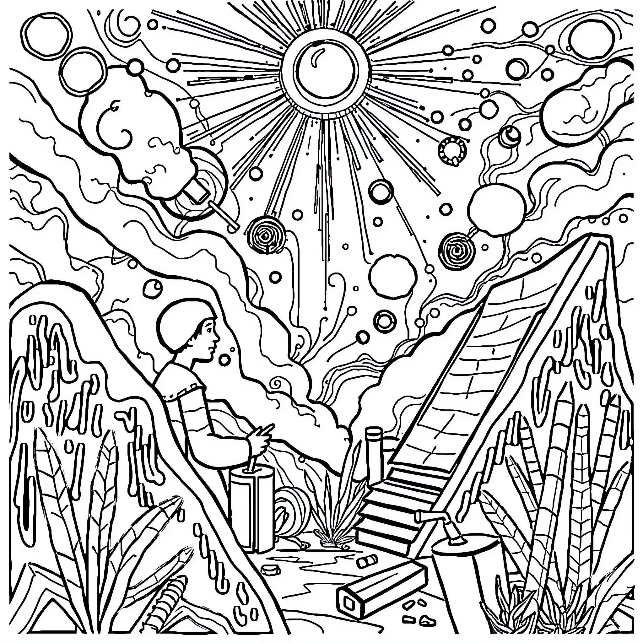 Constructivist Theory of Cosmic Exploration and Discovery Coloring Page (free black-and-white line drawing printable PDF for all, from beginners to advanced learners, including children, teens, adults, and seniors)