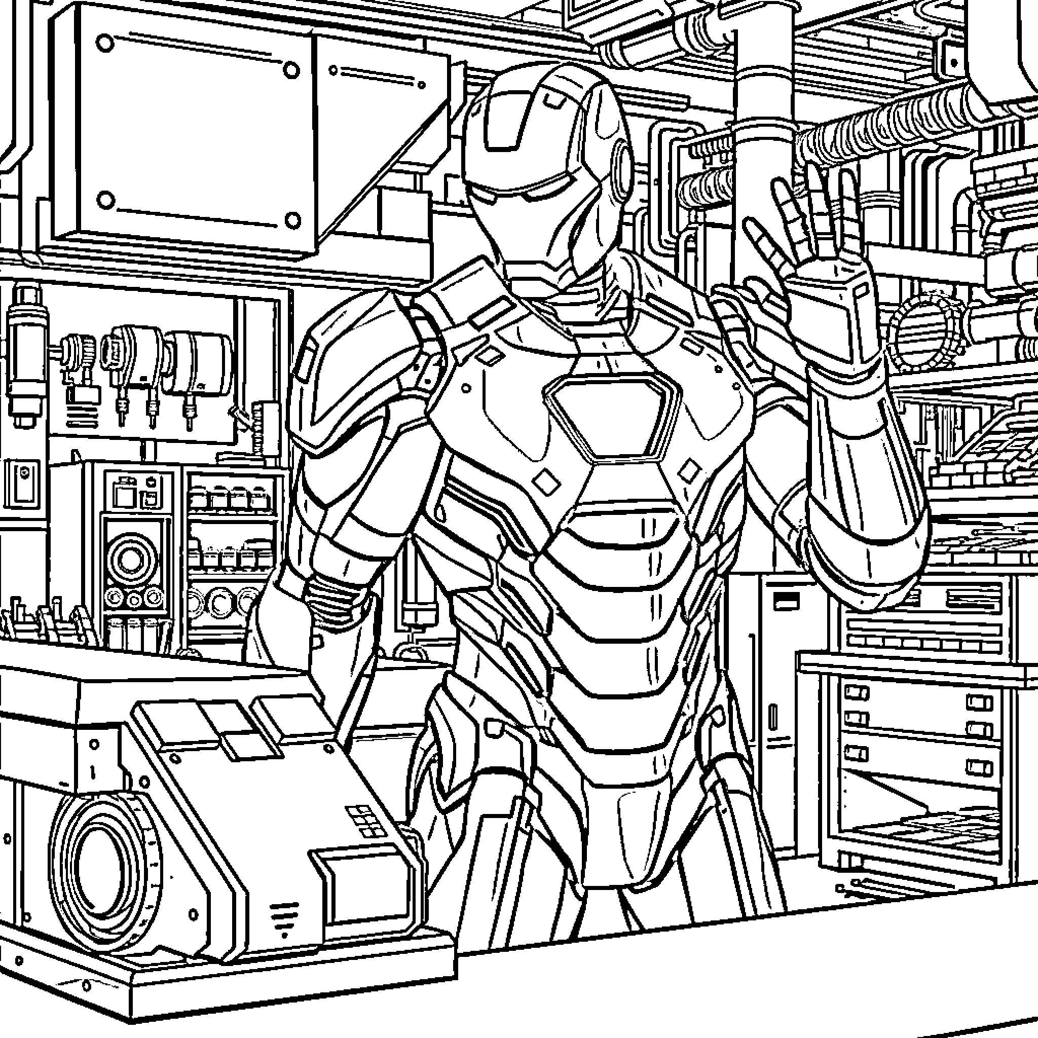 Ironman Tinkering in Futuristic Workshop Coloring Page (free black-and-white line drawing printable PDF for all, from beginners to advanced learners, including children, teens, adults, and seniors)