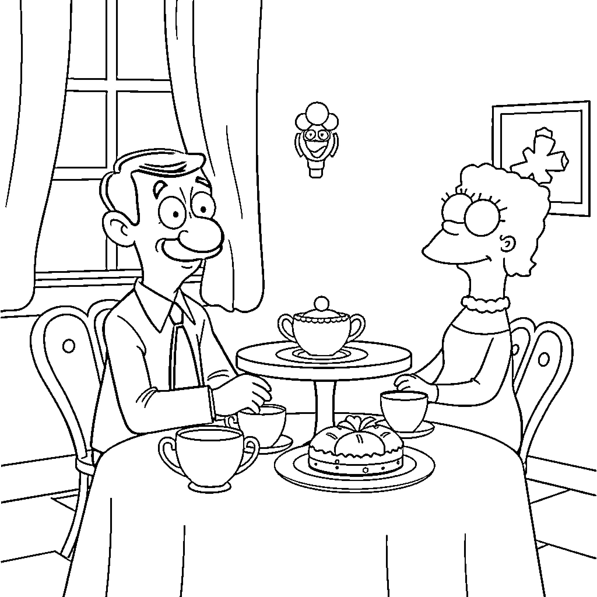 Mr Bean and Teddy enjoying afternoon tea Coloring Page (free black-and-white line drawing printable PDF for all, from beginners to advanced learners, including children, teens, adults, and seniors)