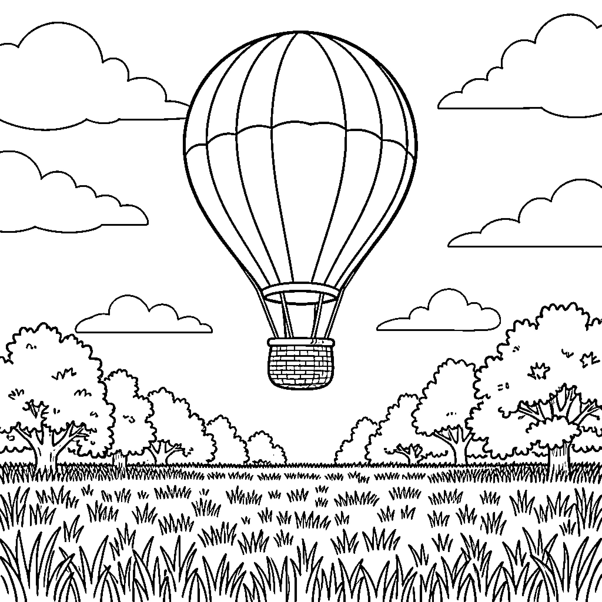 Hot Air Balloon floating above a landscape of trees Coloring Page (free black-and-white line drawing printable PDF for all, from beginners to advanced learners, including children, teens, adults, and seniors)