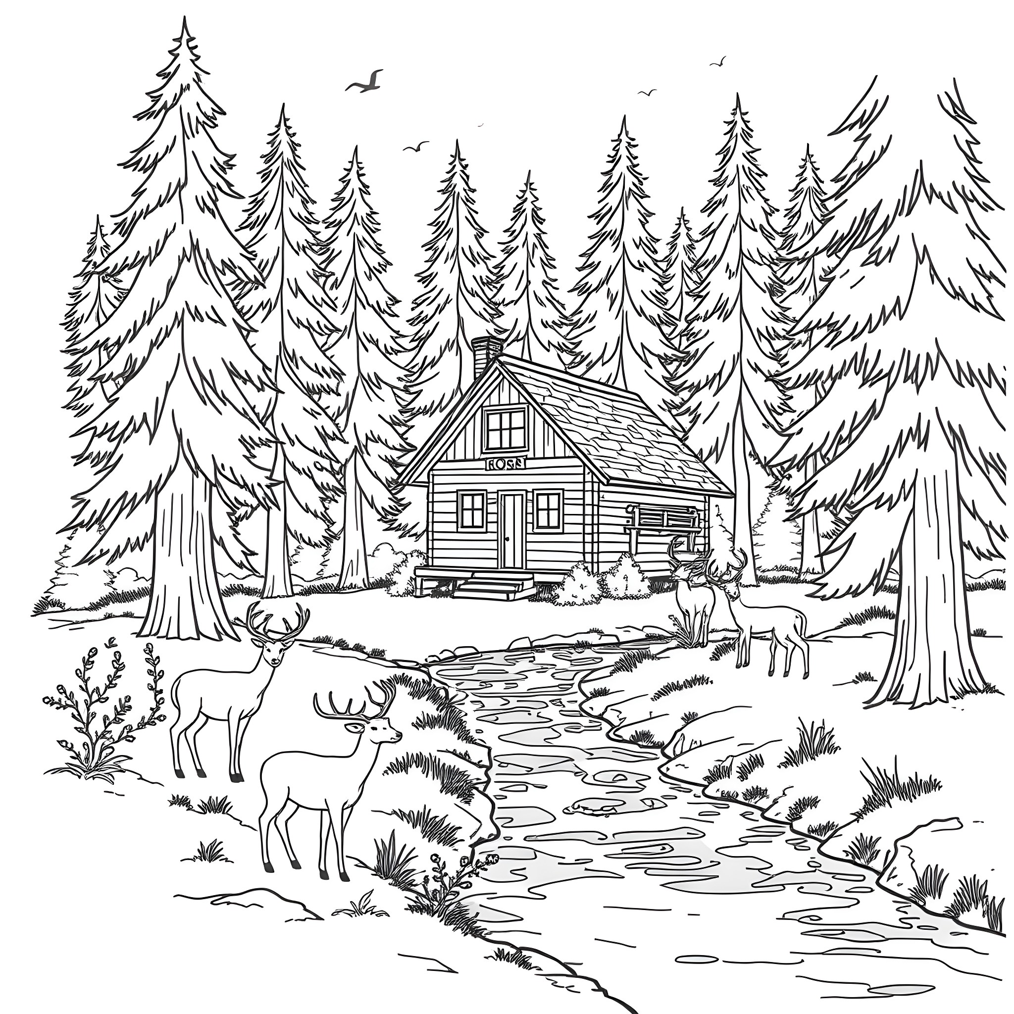 Cabin in the peaceful wilderness with wildlife Coloring Page (free black-and-white line drawing printable PDF for all, from beginners to advanced learners, including children, teens, adults, and seniors)