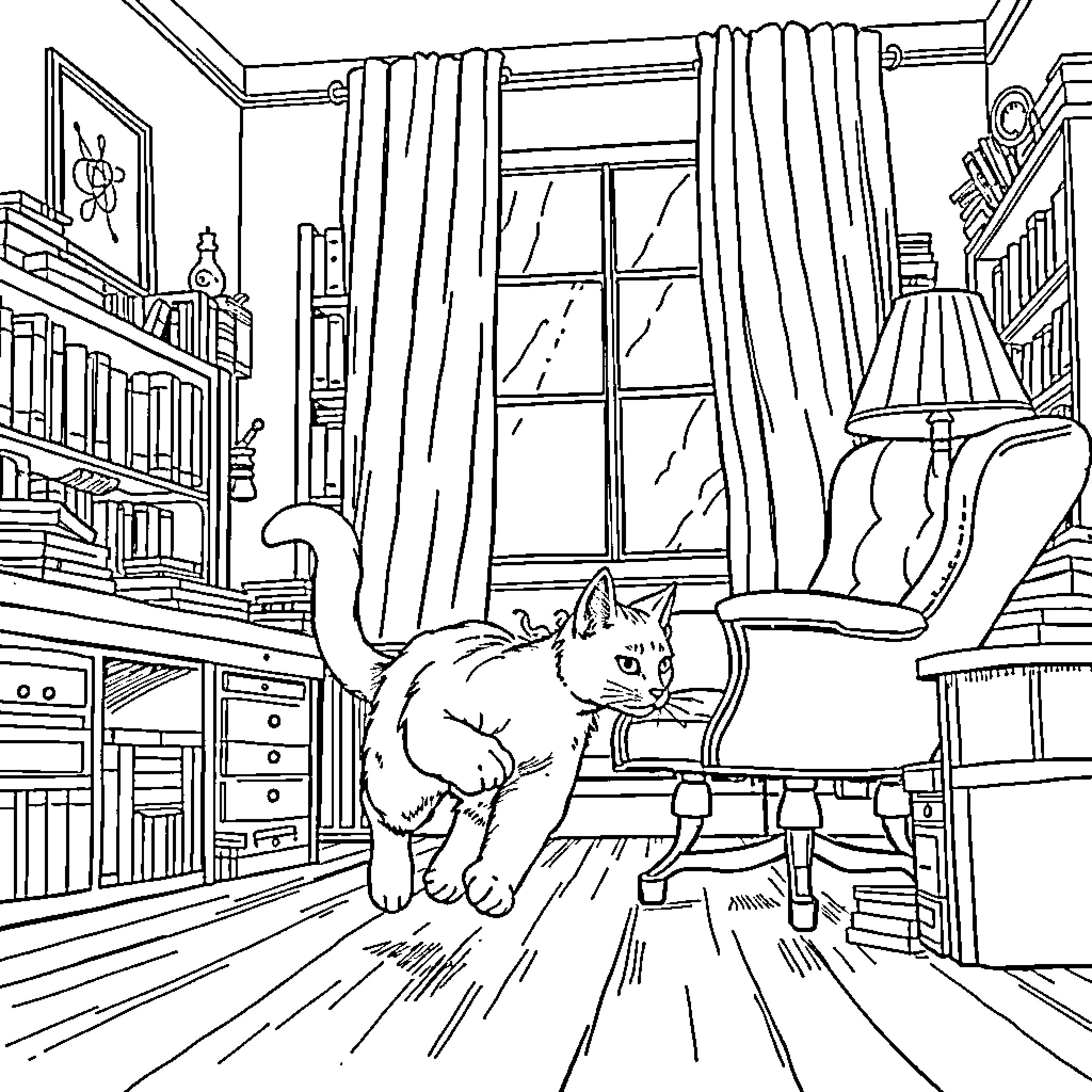 Cat exploring a cozy indoor scene Coloring Page (free black-and-white line drawing printable PDF for all, from beginners to advanced learners, including children, teens, adults, and seniors)