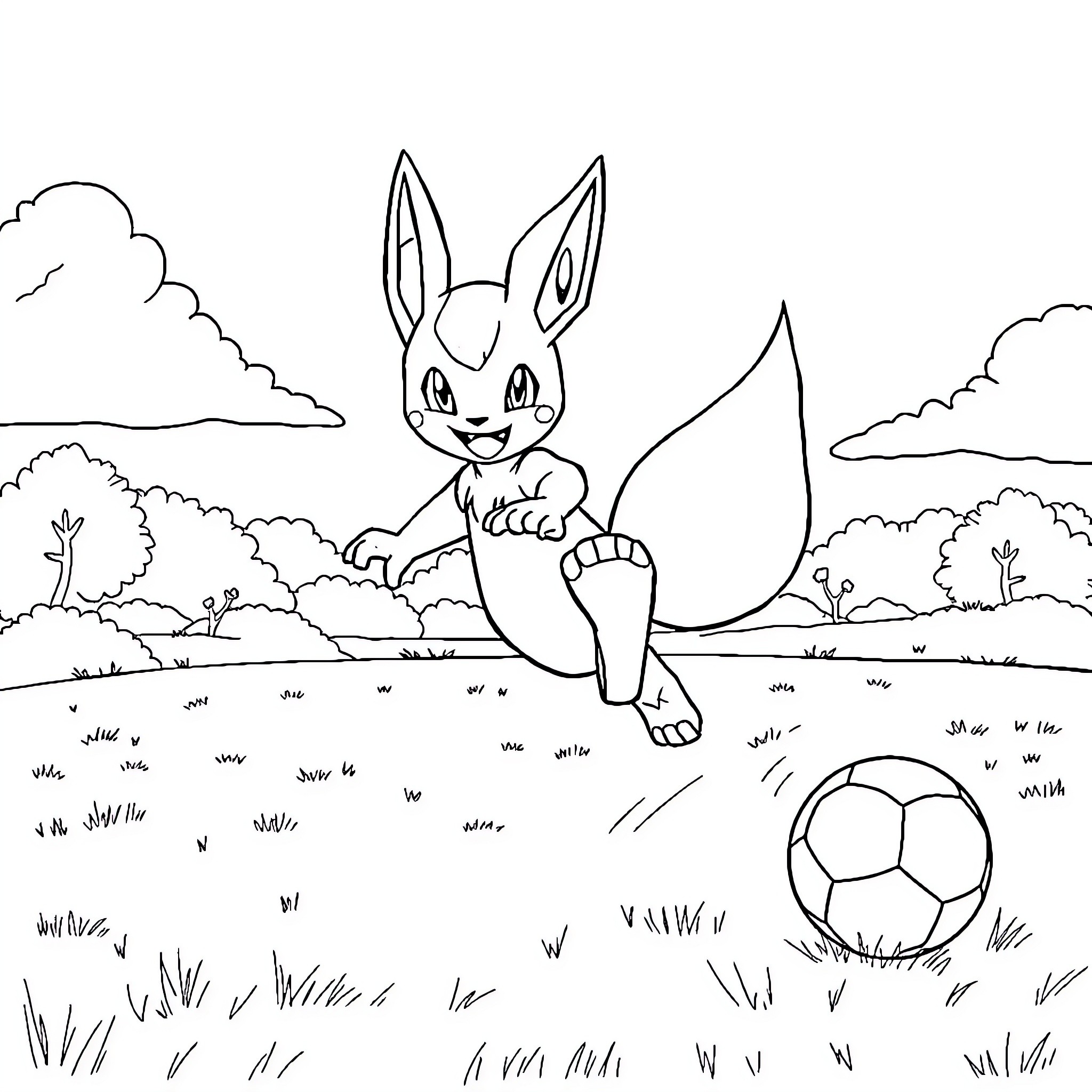 Lucario enjoying a game of soccer in the countryside Coloring Page (free black-and-white line drawing printable PDF for all, from beginners to advanced learners, including children, teens, adults, and seniors)