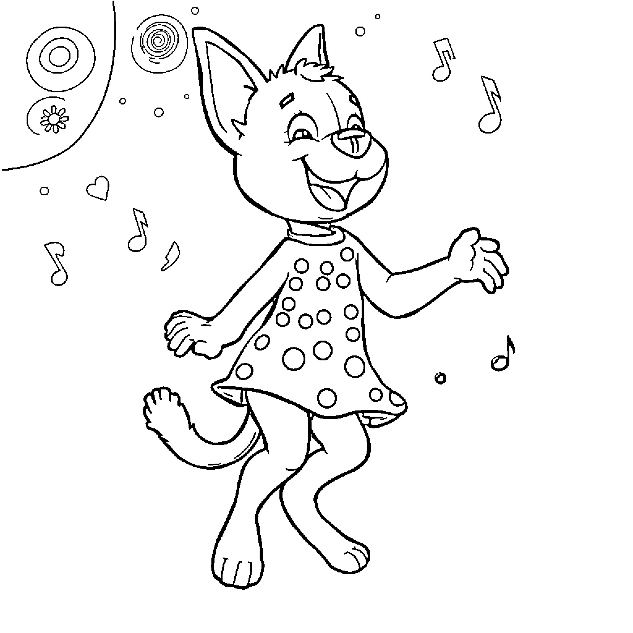 Bluey dancing happily with music notes Coloring Page (free black-and-white line drawing printable PDF for all, from beginners to advanced learners, including children, teens, adults, and seniors)