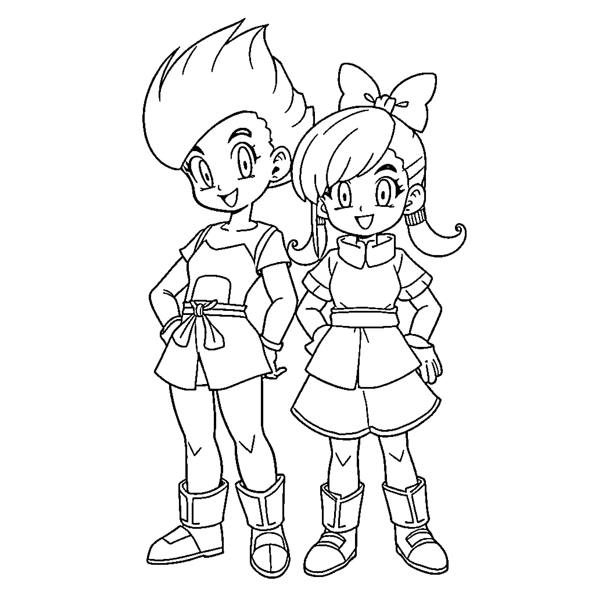 Bulma and Her Companion in Adventurous Attire Coloring Page (free black-and-white line drawing printable PDF for all, from beginners to advanced learners, including children, teens, adults, and seniors)