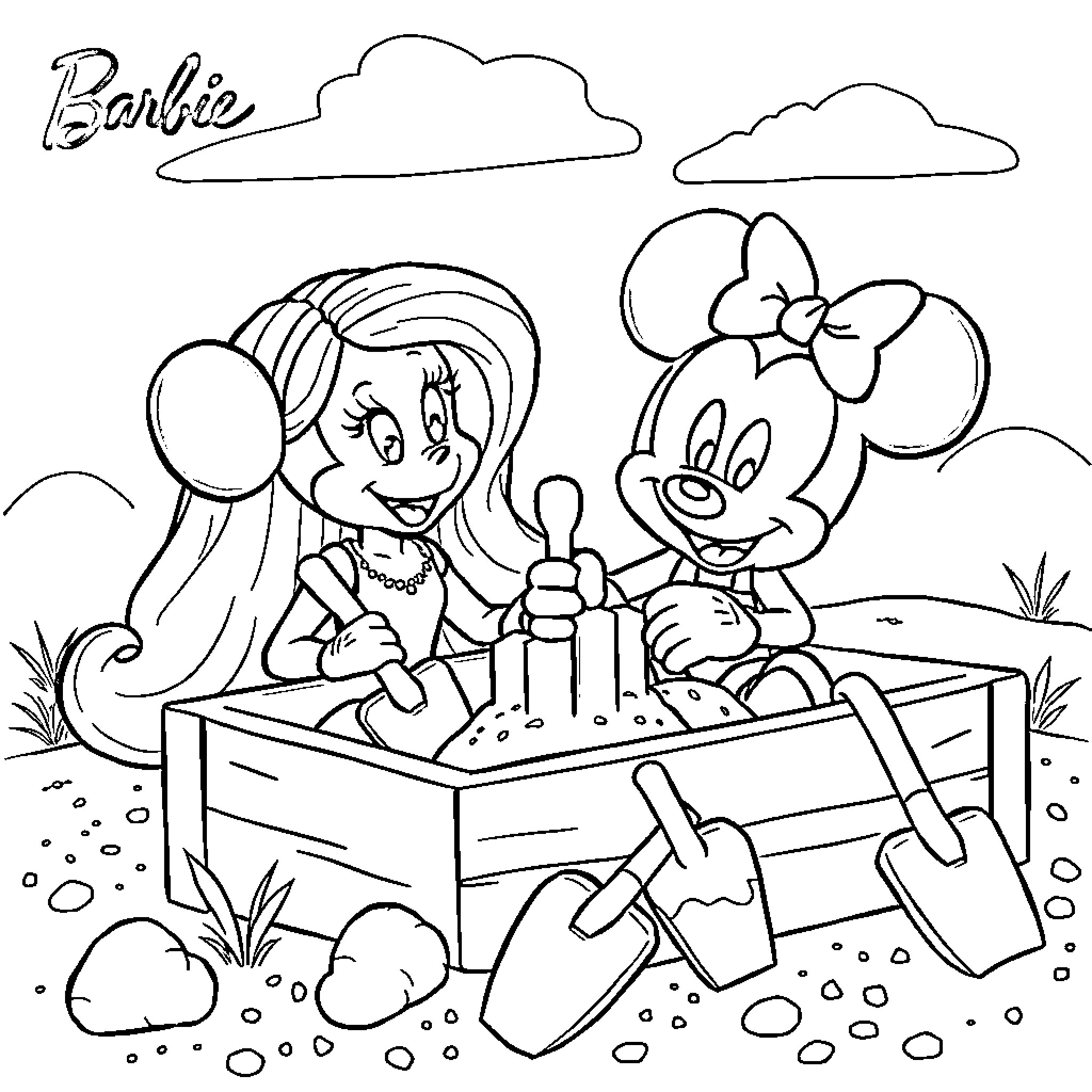 Barbie and Minnie Mouse playing in garden Coloring Page (free black-and-white line drawing printable PDF for all, from beginners to advanced learners, including children, teens, adults, and seniors)