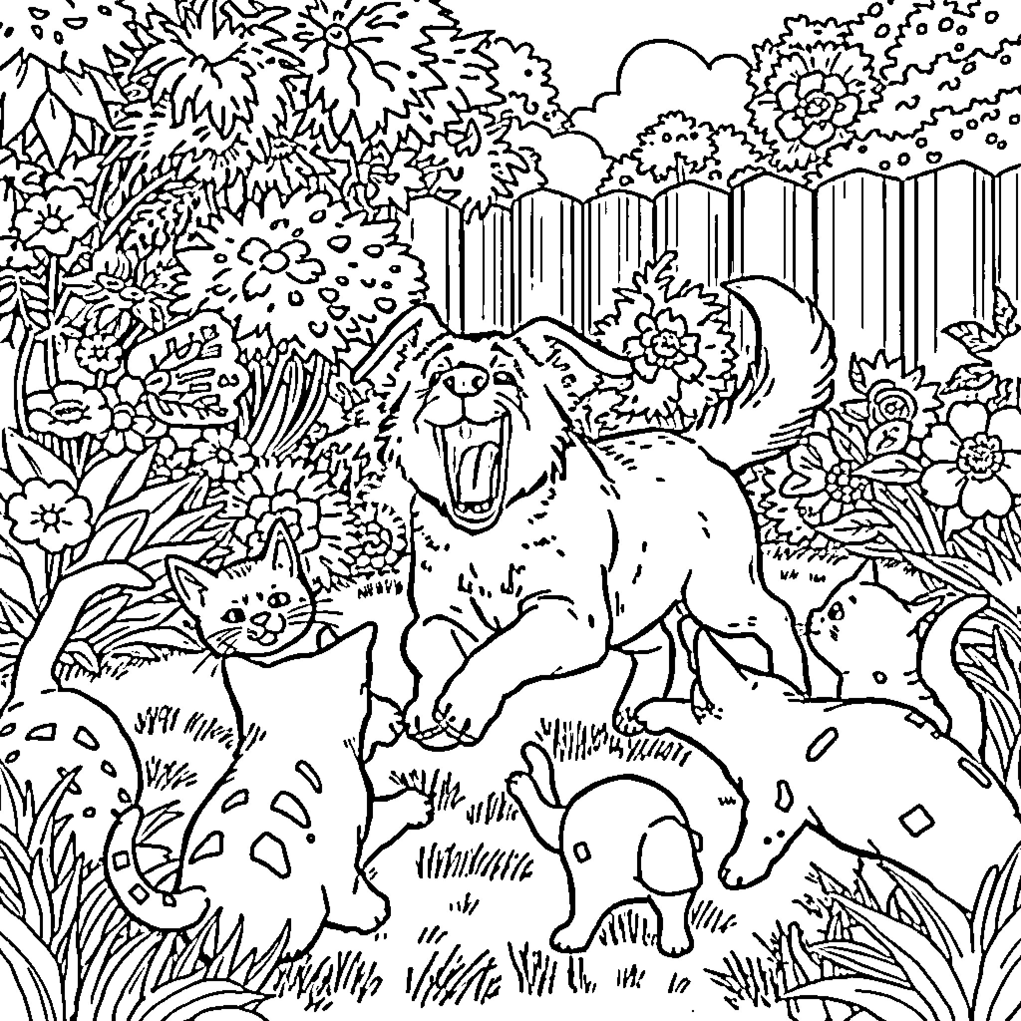 Dog Exploring the Lush Garden Landscape Coloring Page (free black-and-white line drawing printable PDF for all, from beginners to advanced learners, including children, teens, adults, and seniors)
