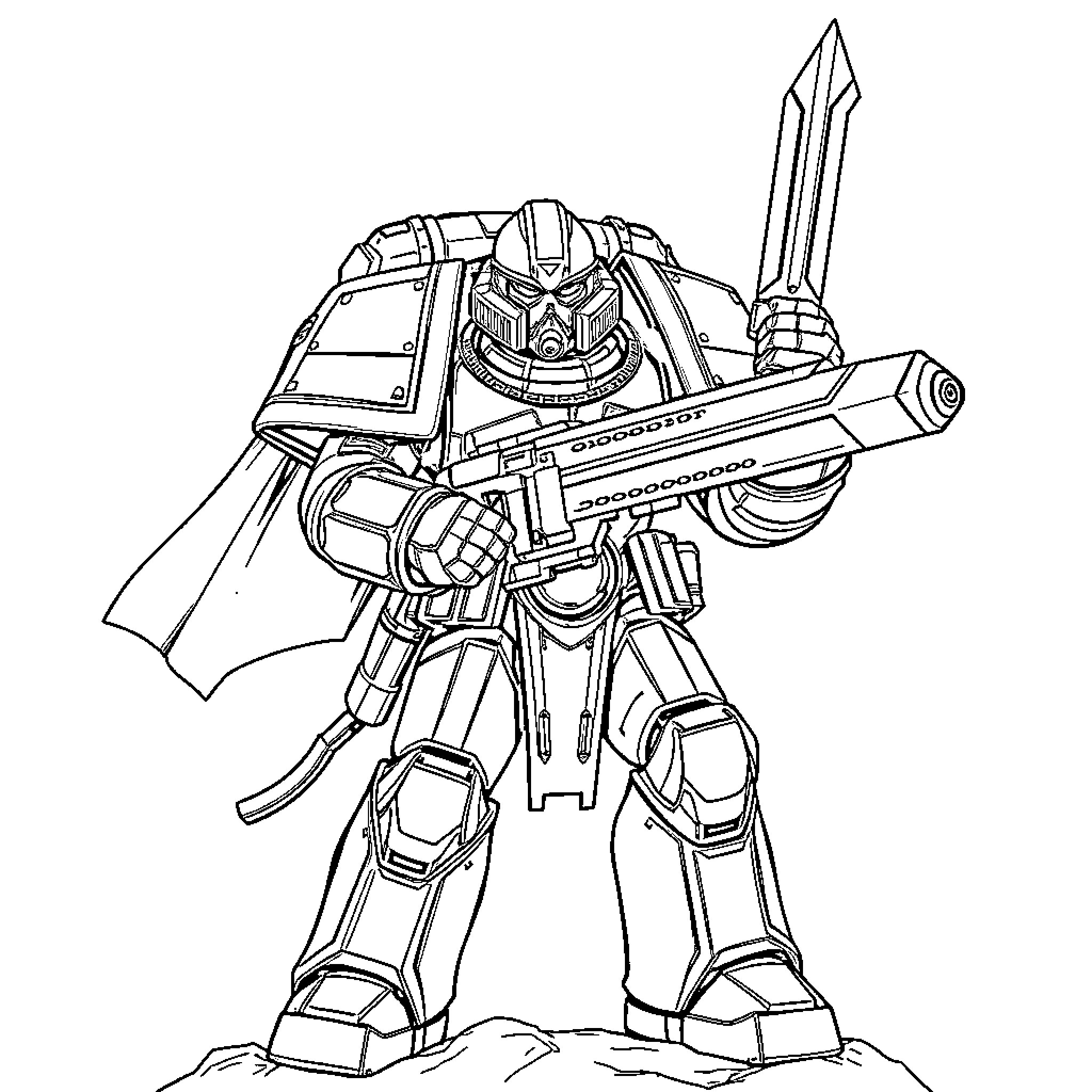 Space Marine in Battle-Ready Pose with Futuristic Armor Coloring Page (free black-and-white line drawing printable PDF for all, from beginners to advanced learners, including children, teens, adults, and seniors)