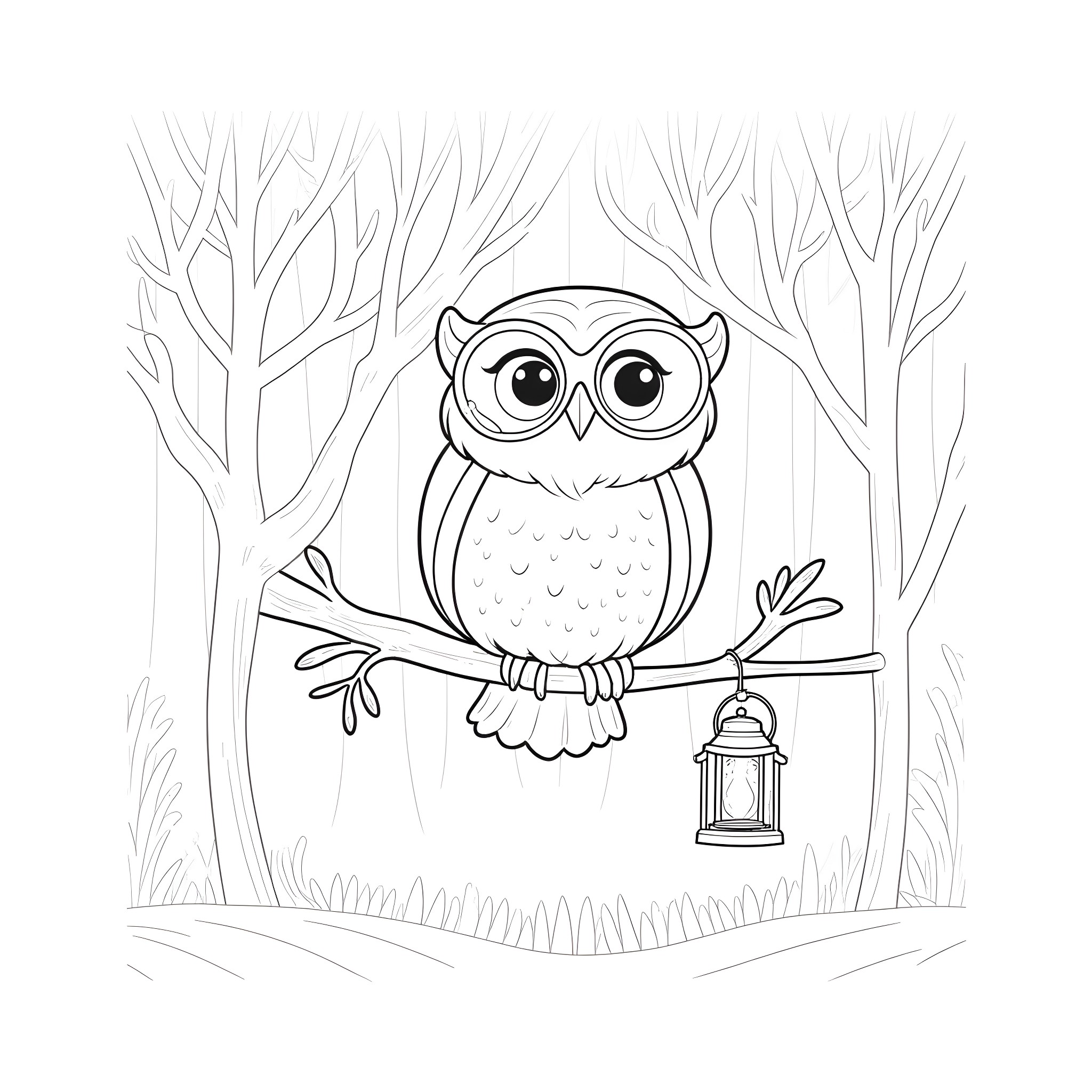 Owl perched on a branch with a lantern Coloring Page (free black-and-white line drawing printable PDF for all, from beginners to advanced learners, including children, teens, adults, and seniors)