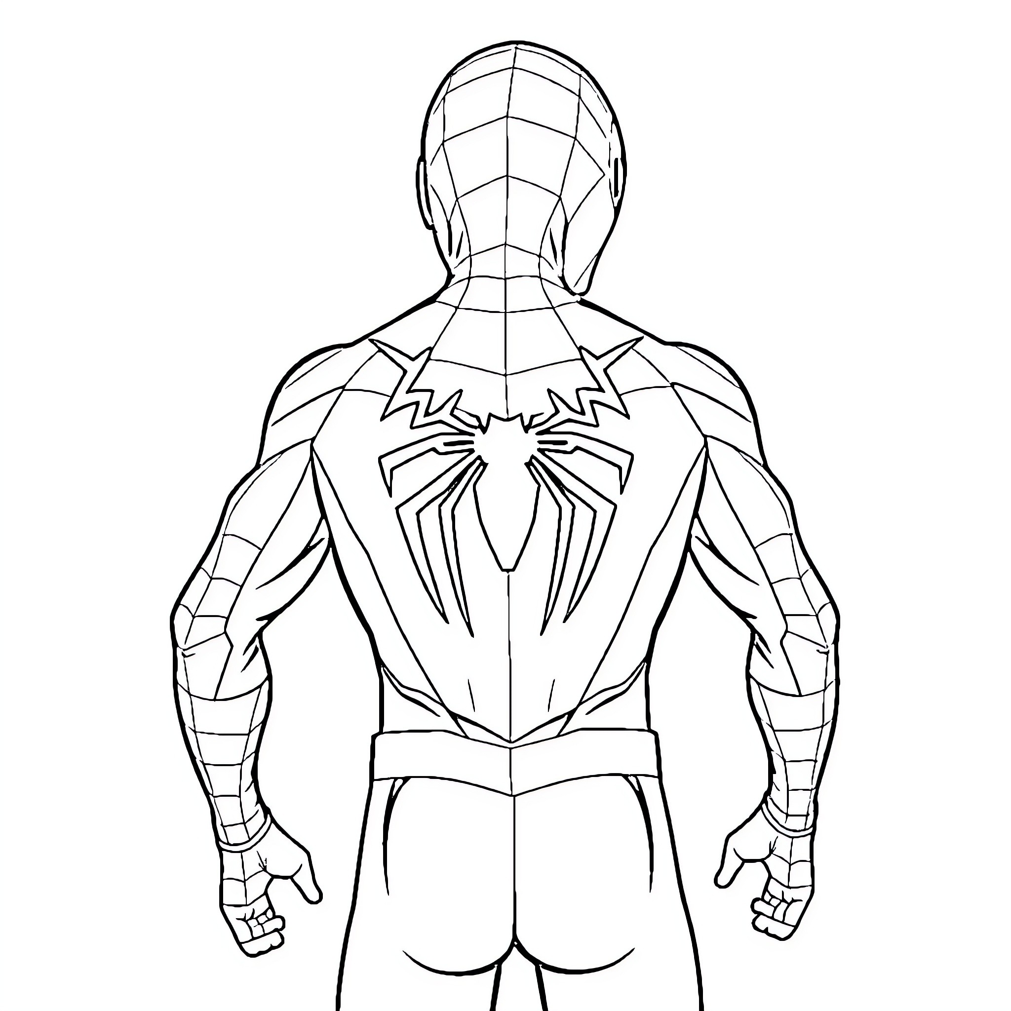 Spiderman in heroic stance and costume Coloring Page (free black-and-white line drawing printable PDF for all, from beginners to advanced learners, including children, teens, adults, and seniors)