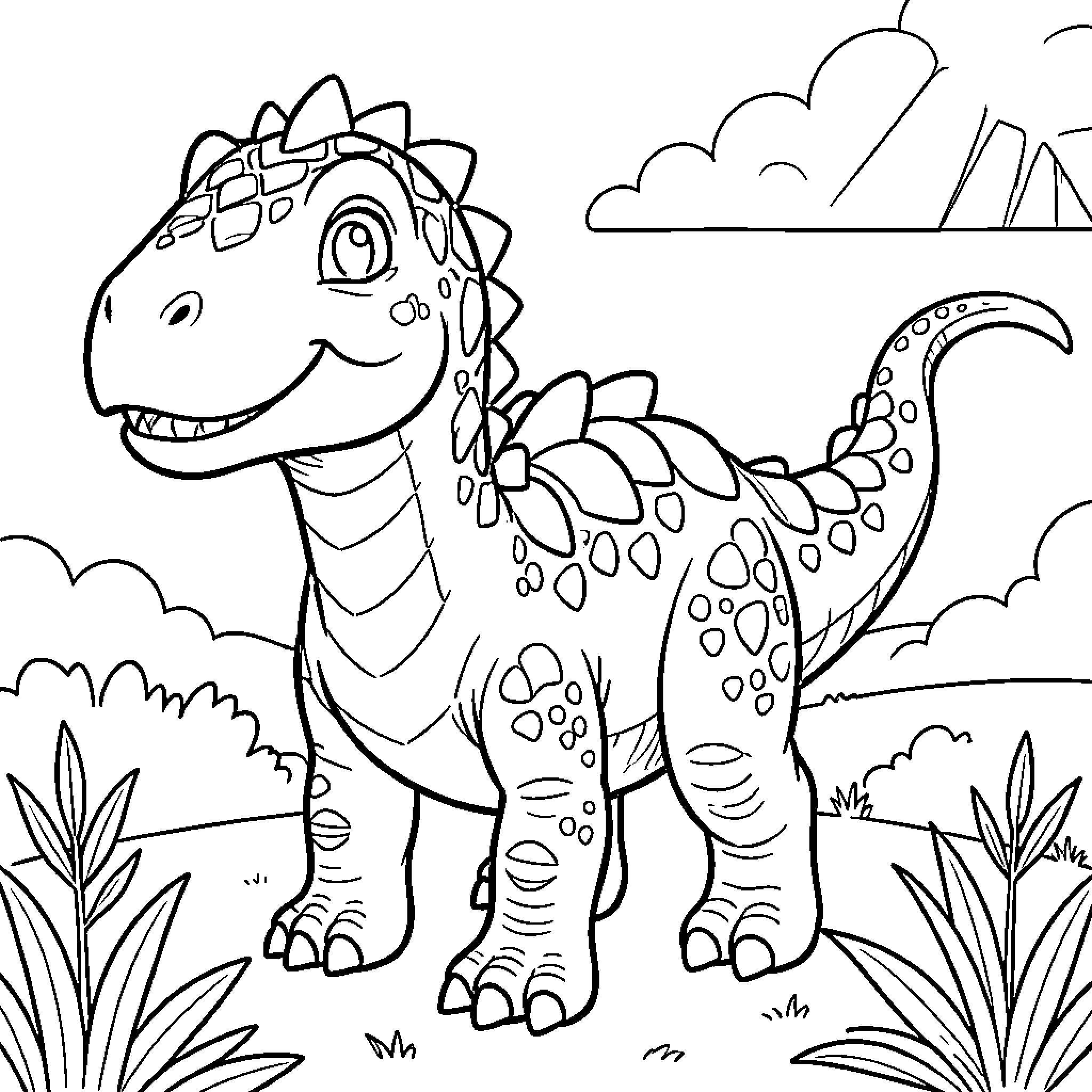 Dinosaur playing in the prehistoric landscape Coloring Page (free black-and-white line drawing printable PDF for all, from beginners to advanced learners, including children, teens, adults, and seniors)