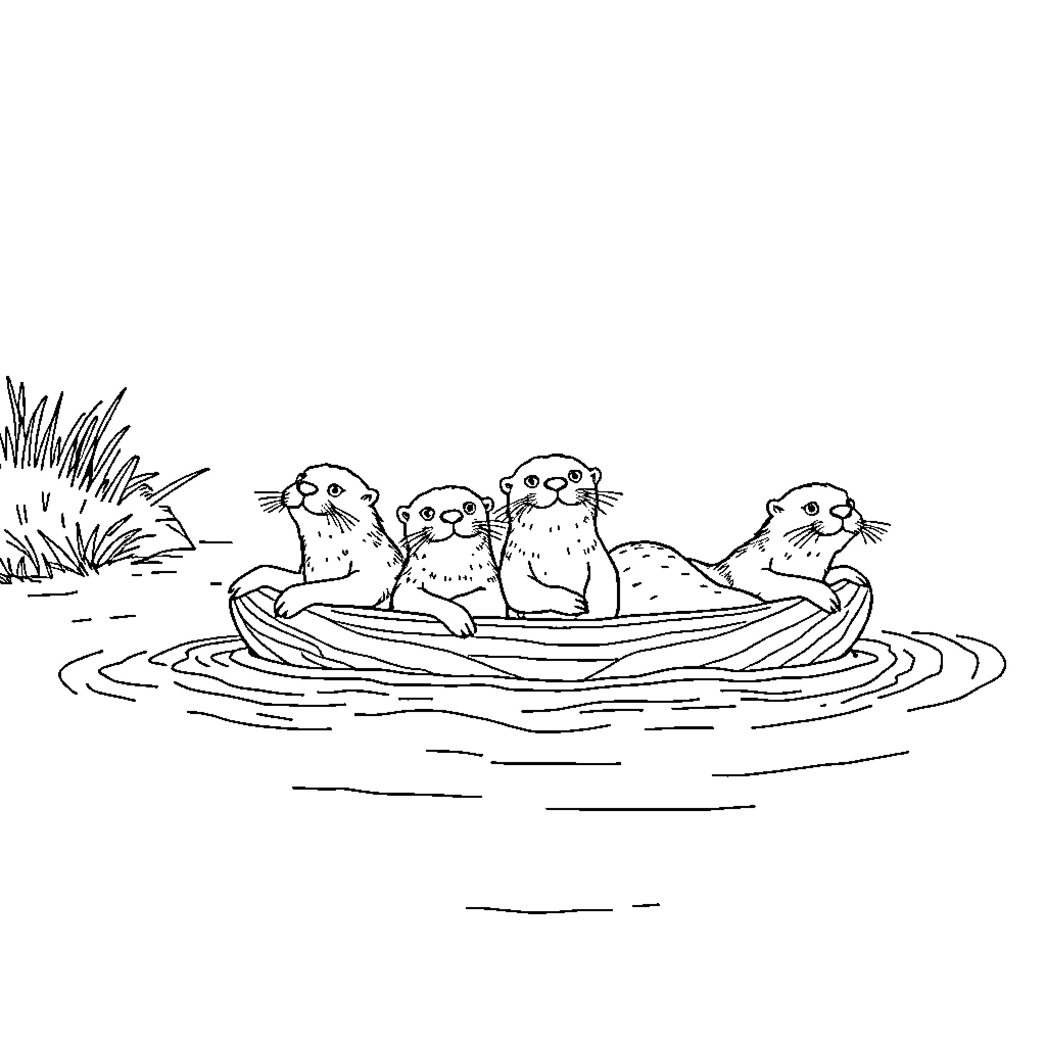 Otter family relaxing in the water Coloring Page (free black-and-white line drawing printable PDF for all, from beginners to advanced learners, including children, teens, adults, and seniors)