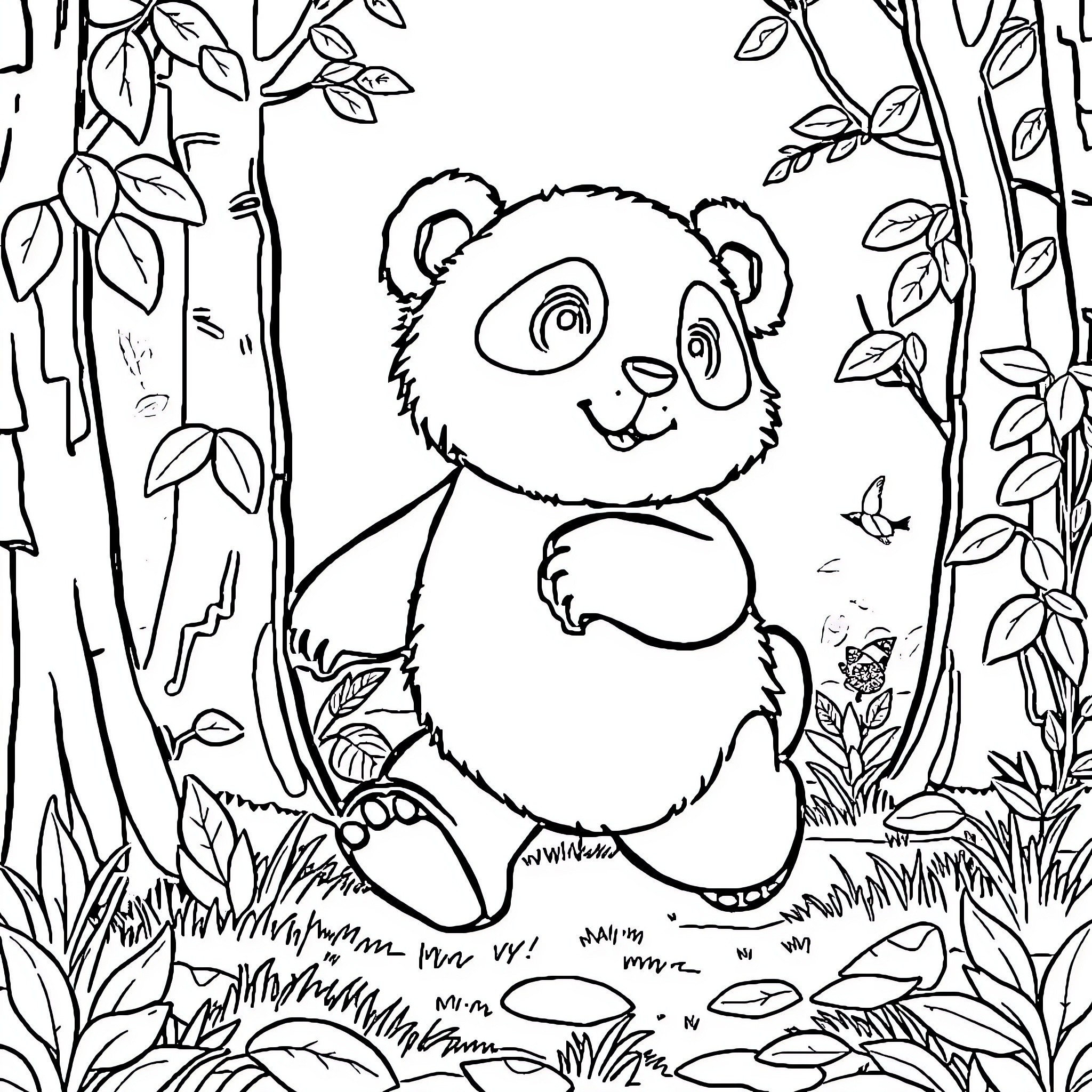 Panda exploring the enchanting forest Coloring Page (free black-and-white line drawing printable PDF for all, from beginners to advanced learners, including children, teens, adults, and seniors)