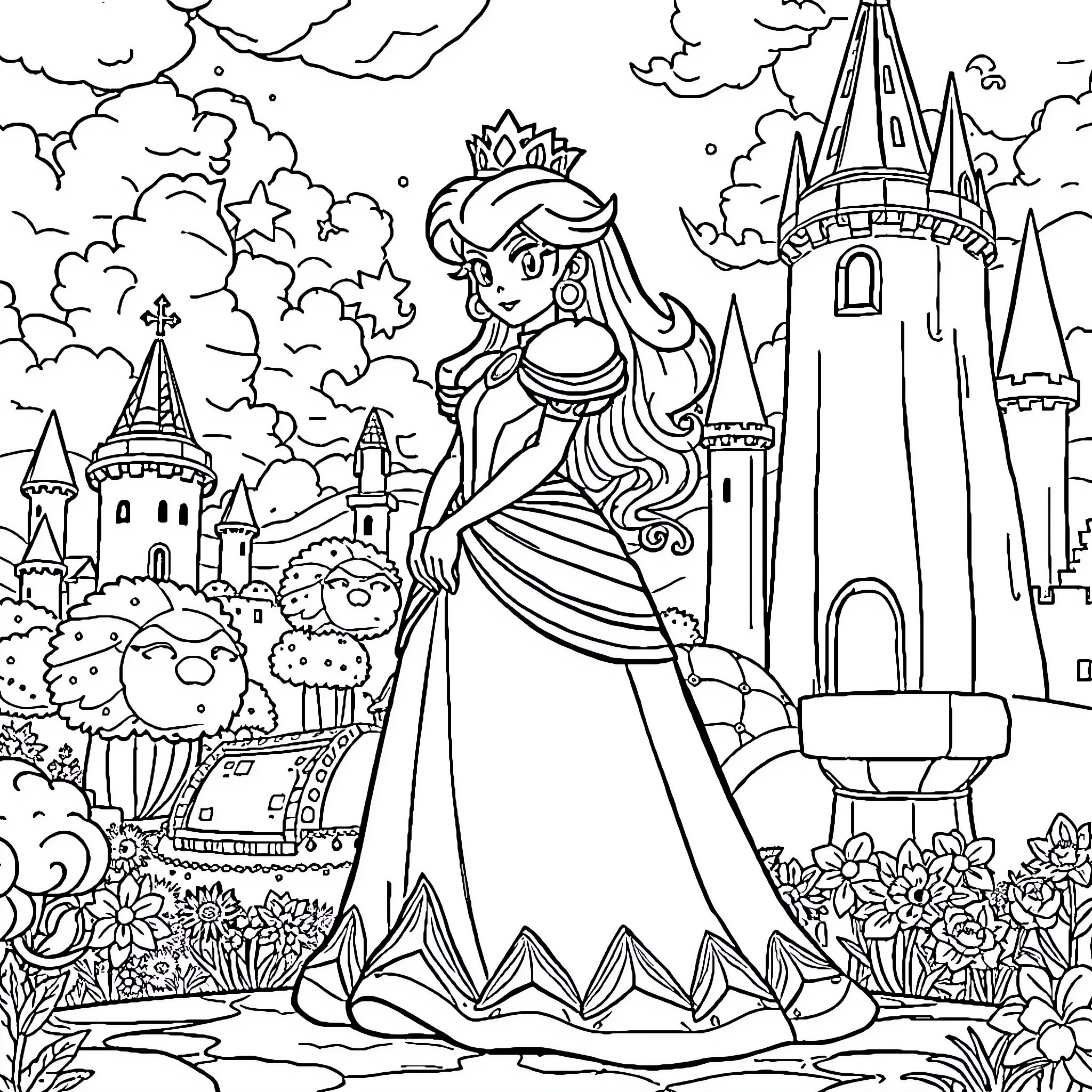 Princess in a Magnificent Castle Coloring Page (free black-and-white line drawing printable PDF for all, from beginners to advanced learners, including children, teens, adults, and seniors)
