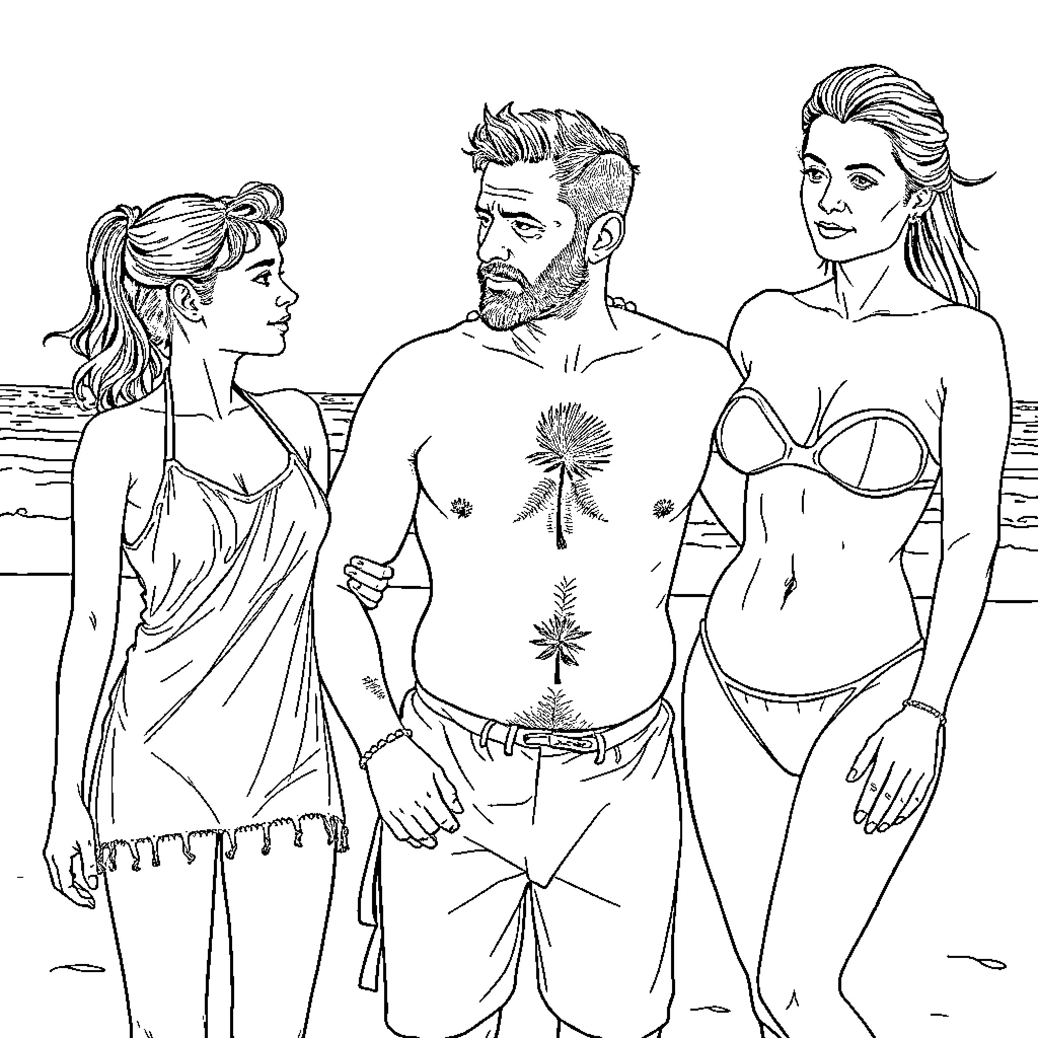 Nina's Beach Adventure with Friends Coloring Page (free black-and-white line drawing printable PDF for all, from beginners to advanced learners, including children, teens, adults, and seniors)