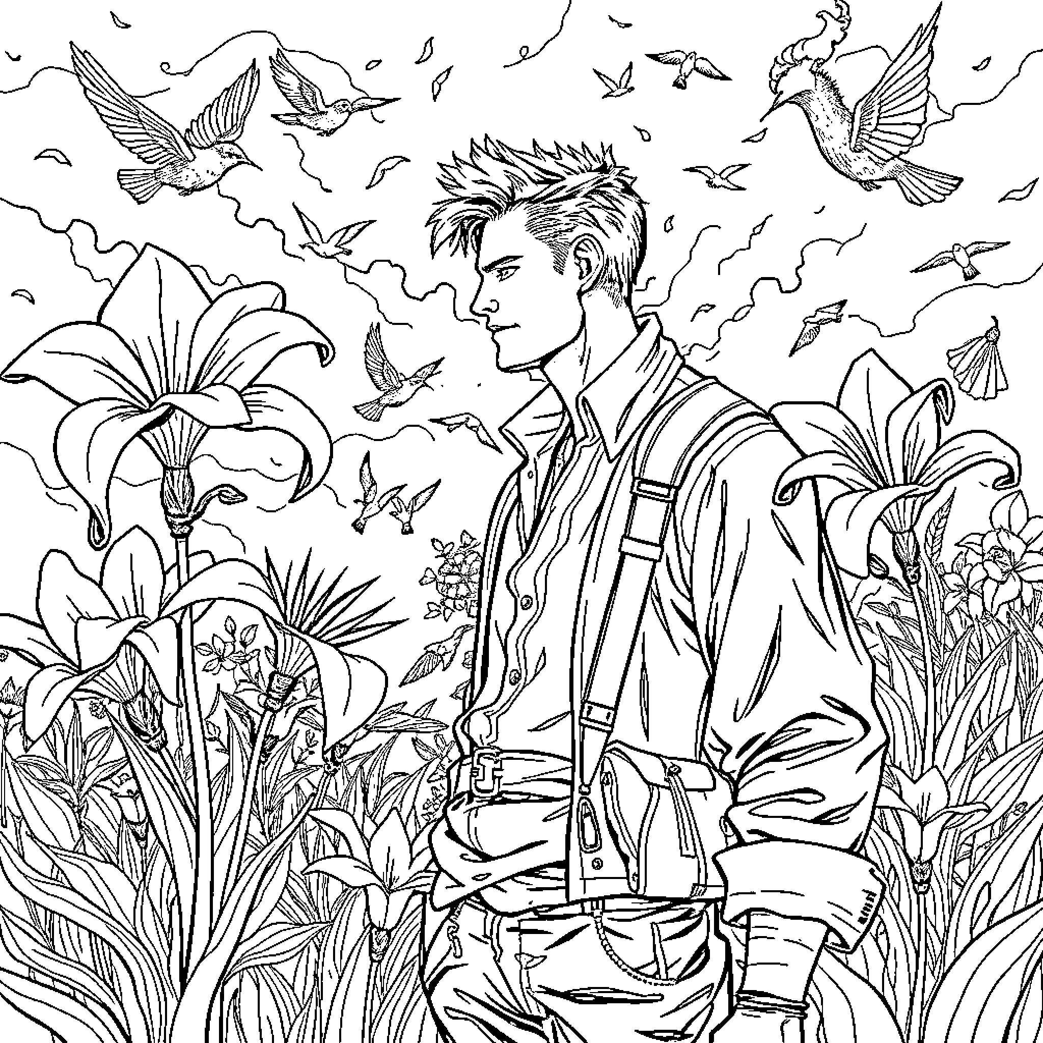 Lily Exploring the Vibrant Wilderness Coloring Page (free black-and-white line drawing printable PDF for all, from beginners to advanced learners, including children, teens, adults, and seniors)
