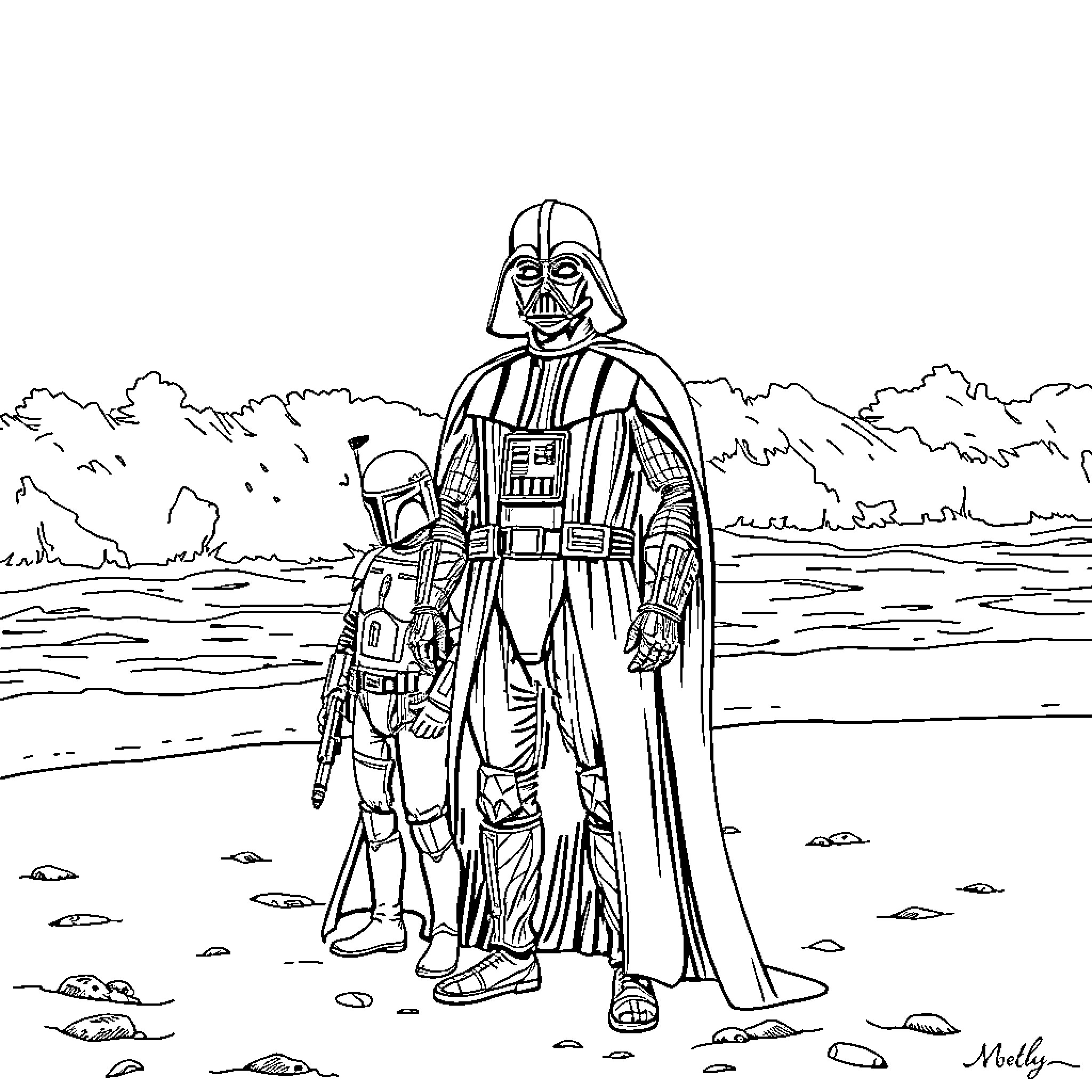 Darth Vader standing tall in the landscape Coloring Page (free black-and-white line drawing printable PDF for all, from beginners to advanced learners, including children, teens, adults, and seniors)