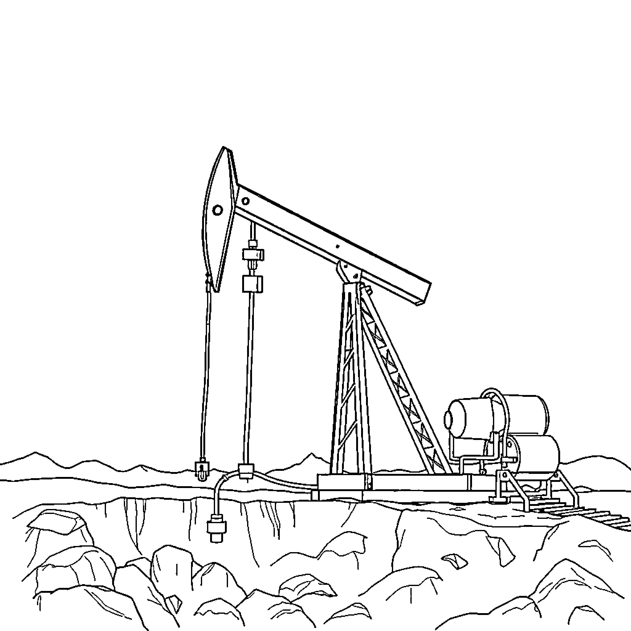 Oil Well Extracting Resources from the Ground Coloring Page (free black-and-white line drawing printable PDF for all, from beginners to advanced learners, including children, teens, adults, and seniors)