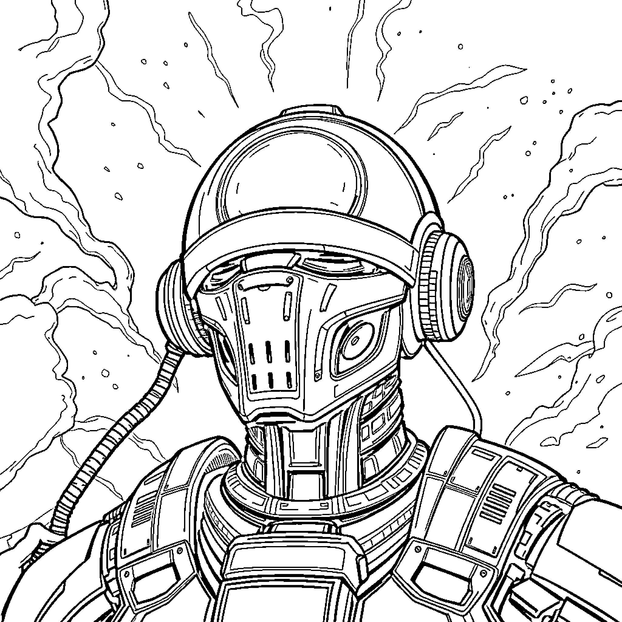 Cerebro: Intergalactic Traveler in Futuristic Attire Coloring Page (free black-and-white line drawing printable PDF for all, from beginners to advanced learners, including children, teens, adults, and seniors)