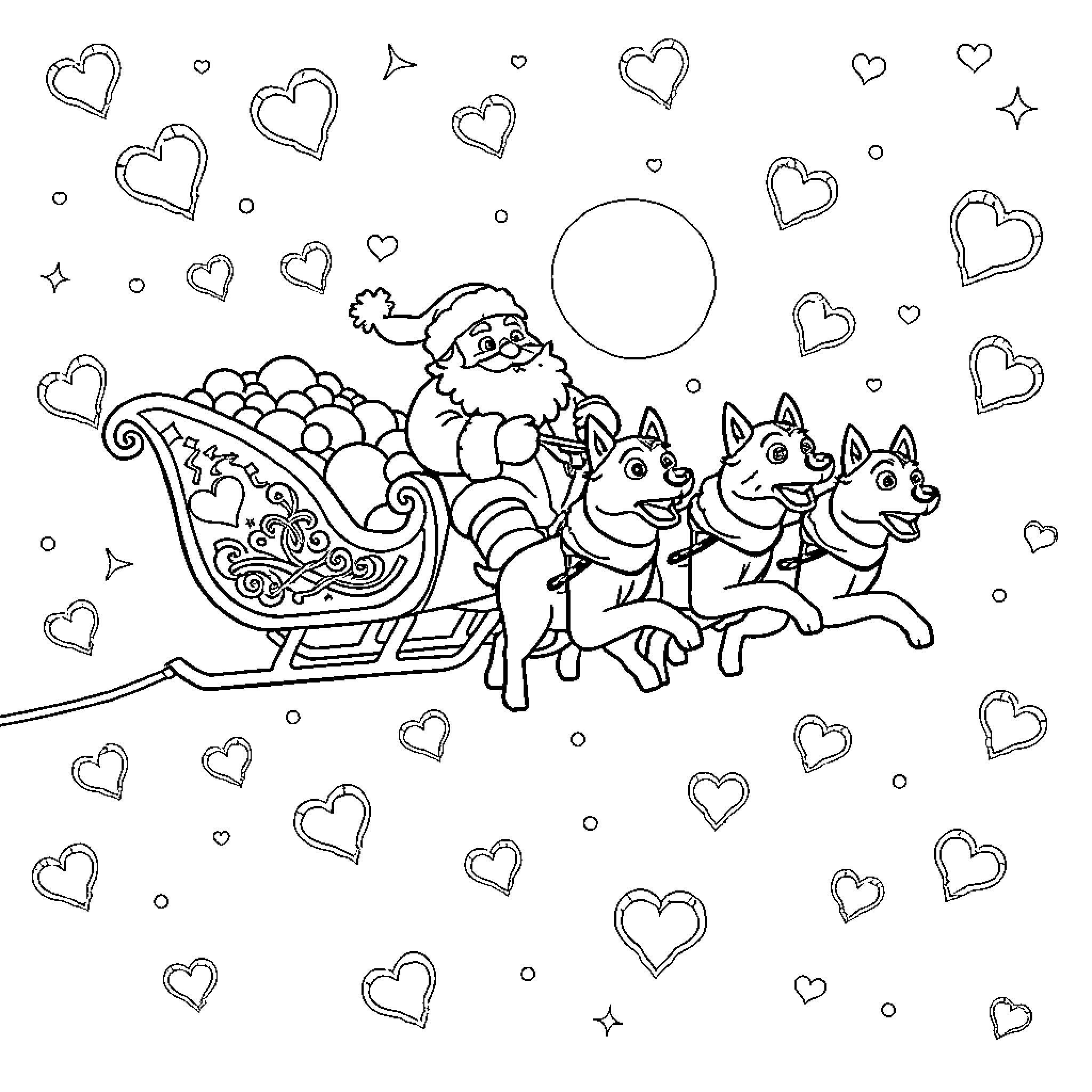 Sleigh ride with Santa and dogs through winter wonderland Coloring Page (free black-and-white line drawing printable PDF for all, from beginners to advanced learners, including children, teens, adults, and seniors)