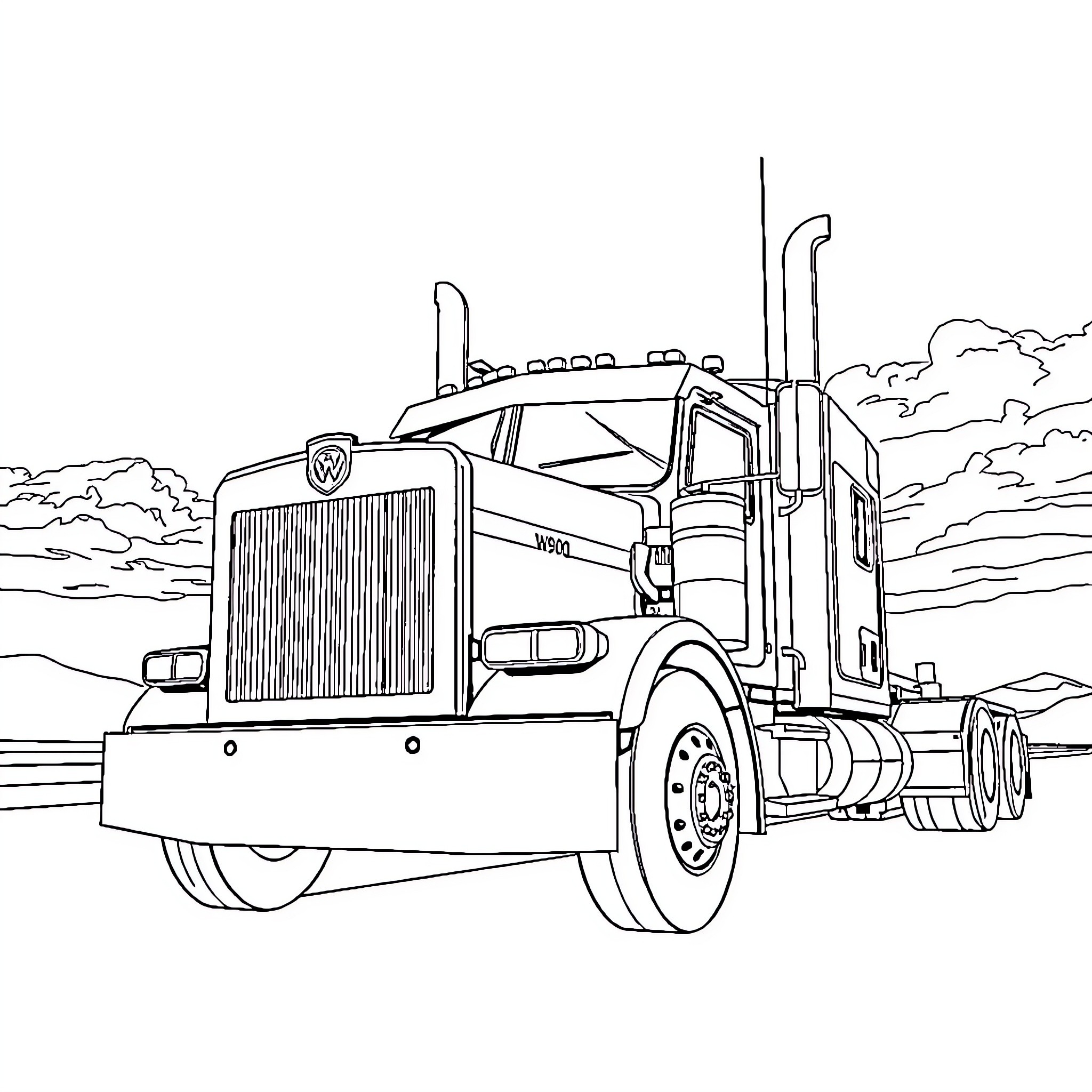 Truck driving on the open road Coloring Page (free black-and-white line drawing printable PDF for all, from beginners to advanced learners, including children, teens, adults, and seniors)