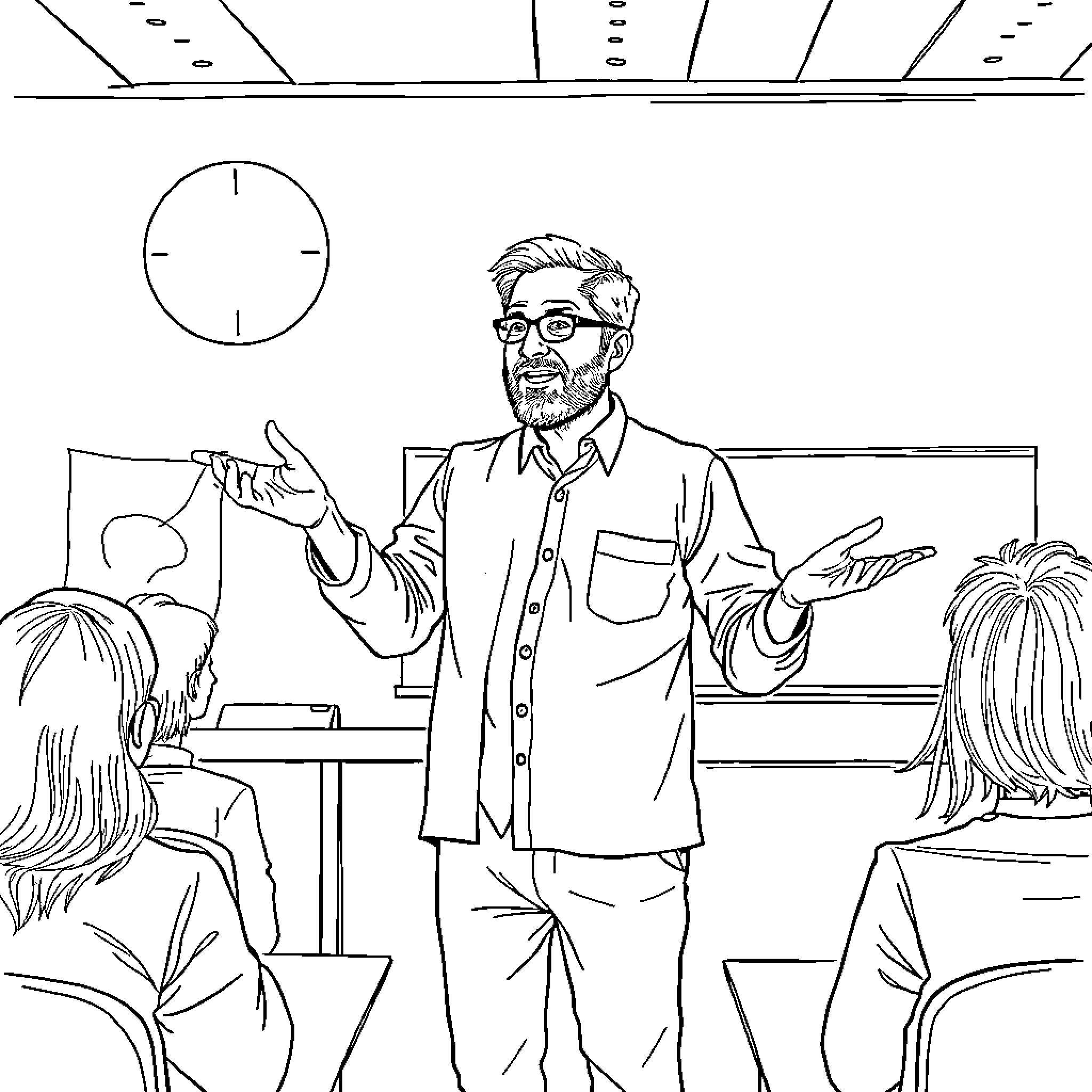 Professor lecturing attentively in the classroom Coloring Page (free black-and-white line drawing printable PDF for all, from beginners to advanced learners, including children, teens, adults, and seniors)