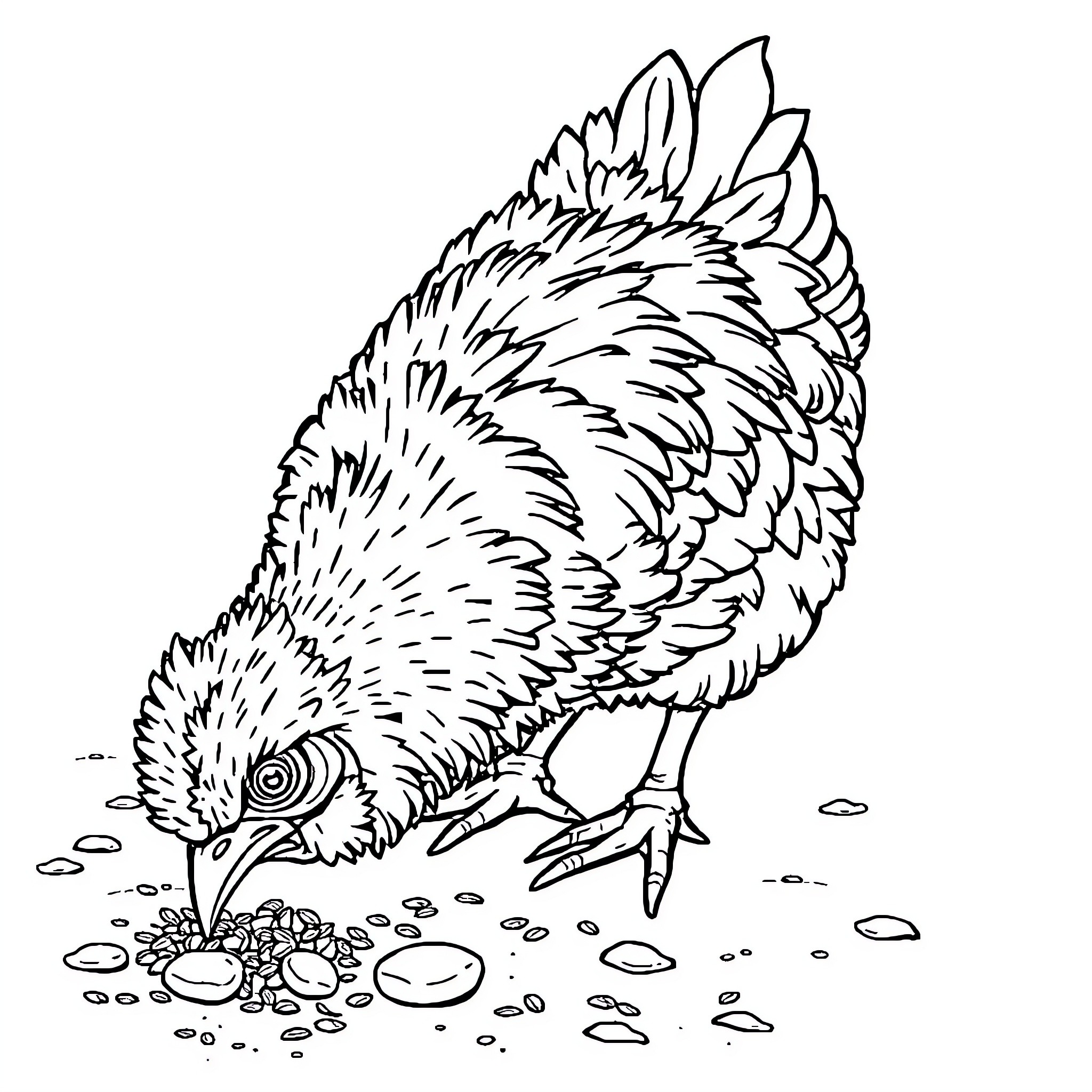 Chicken foraging among pebbles Coloring Page (free black-and-white line drawing printable PDF for all, from beginners to advanced learners, including children, teens, adults, and seniors)