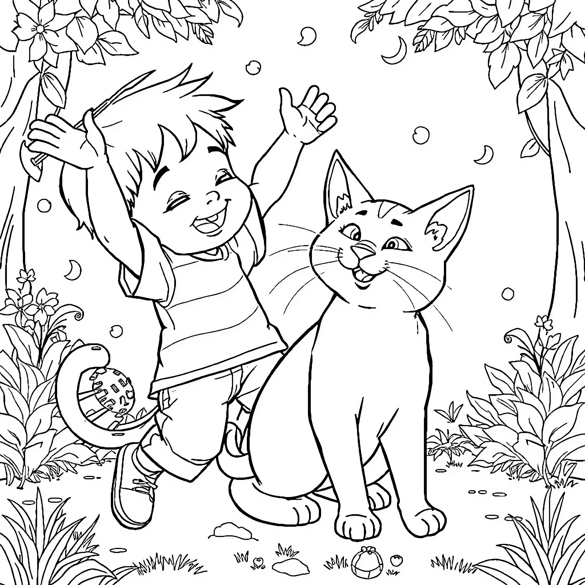 Perro jugando con gato en el parque Coloring Page (free black-and-white line drawing printable PDF for all, from beginners to advanced learners, including children, teens, adults, and seniors)