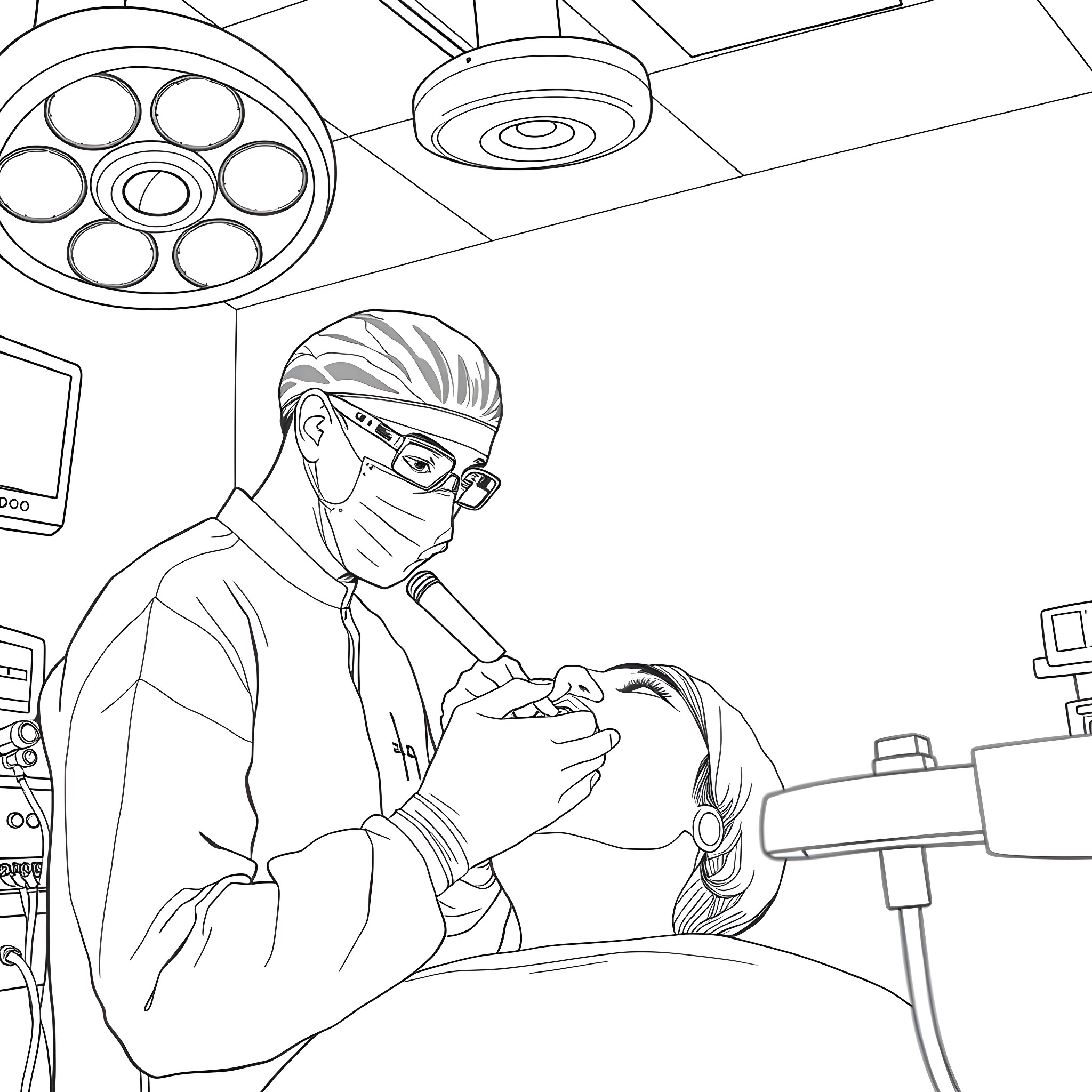 Oral Surgeon Performing Dental Procedure in Medical Facility Coloring Page (free black-and-white line drawing printable PDF for all, from beginners to advanced learners, including children, teens, adults, and seniors)