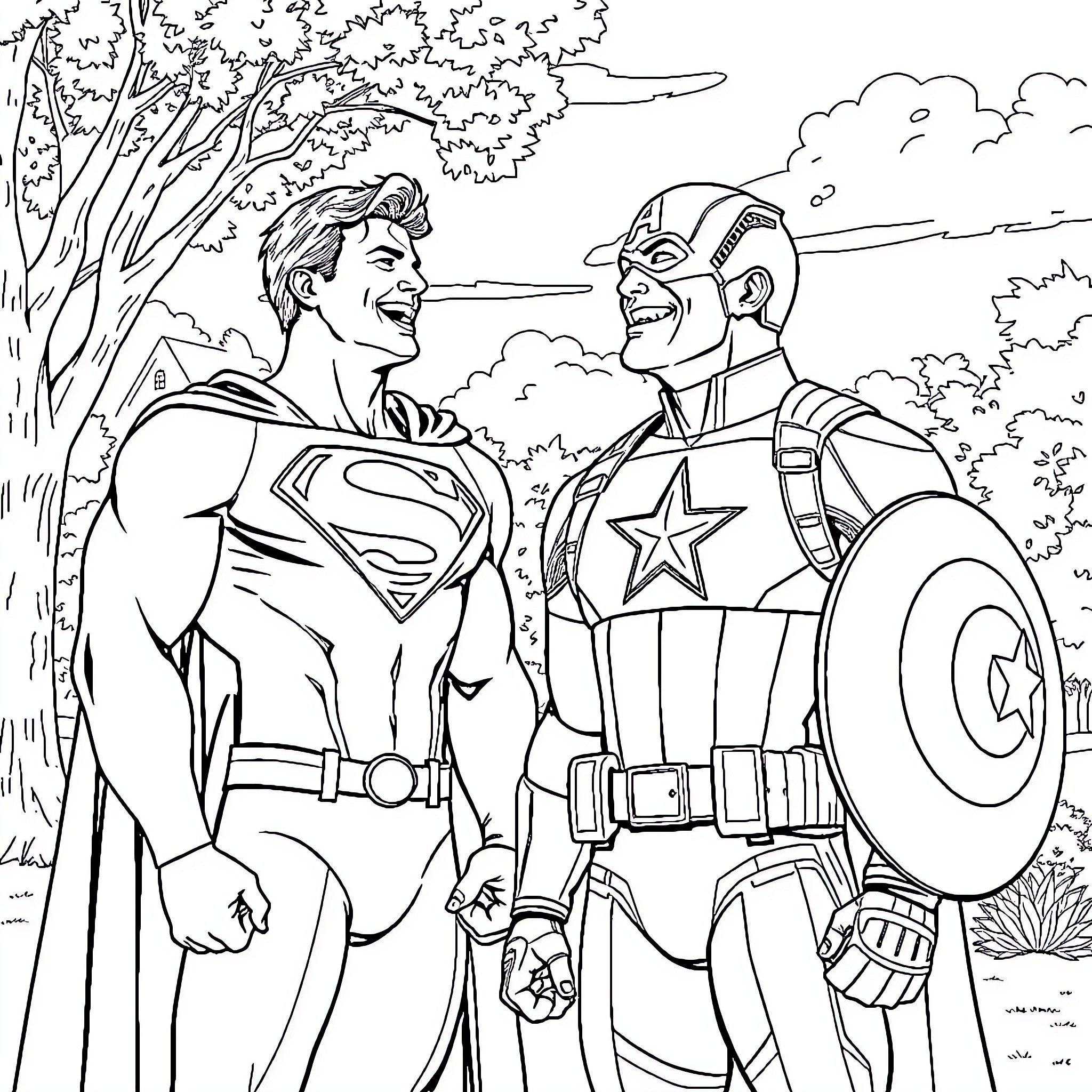 Superman and Captain America in heroic camaraderie Coloring Page (free black-and-white line drawing printable PDF for all, from beginners to advanced learners, including children, teens, adults, and seniors)