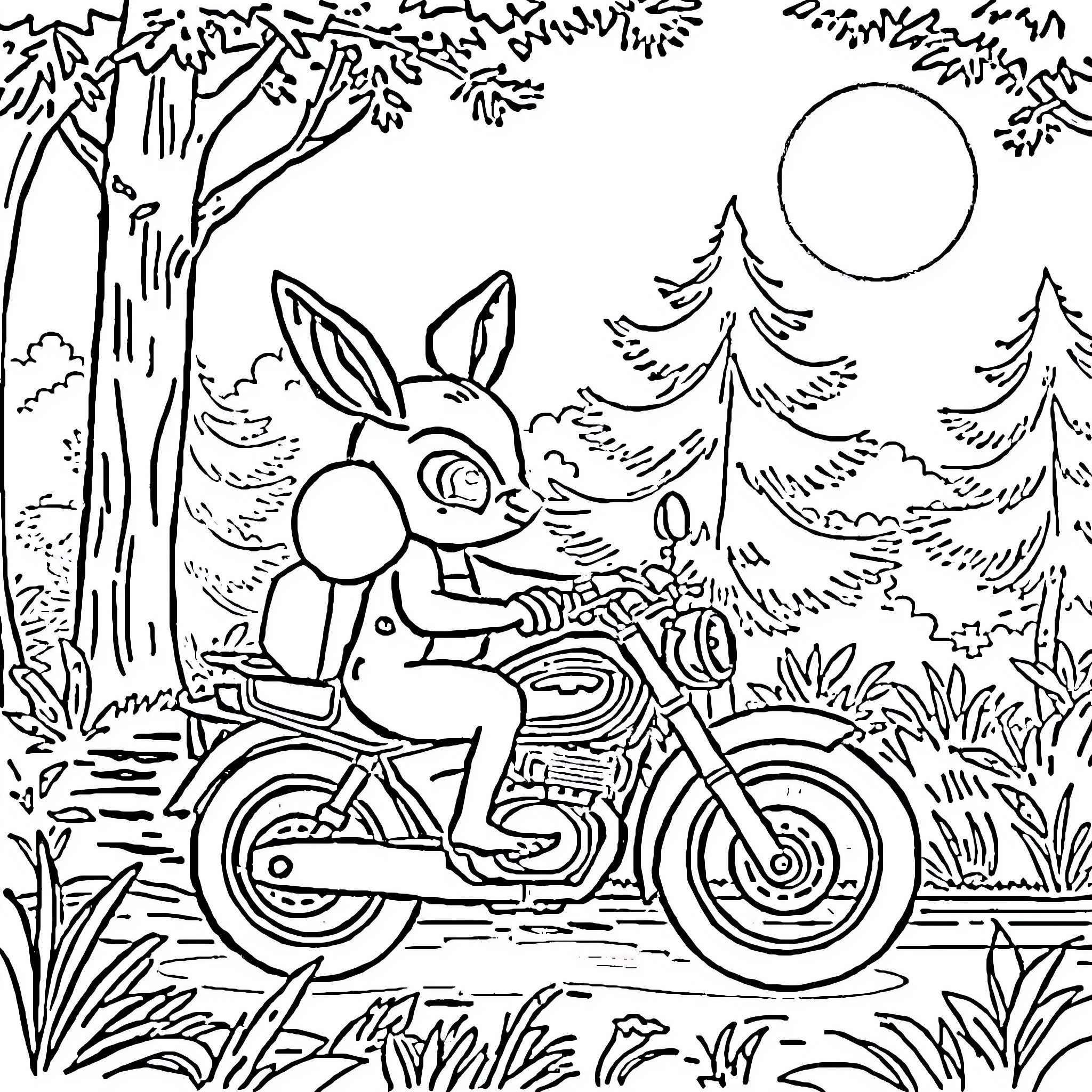 Owl riding motorcycle through forest Coloring Page (free black-and-white line drawing printable PDF for all, from beginners to advanced learners, including children, teens, adults, and seniors)