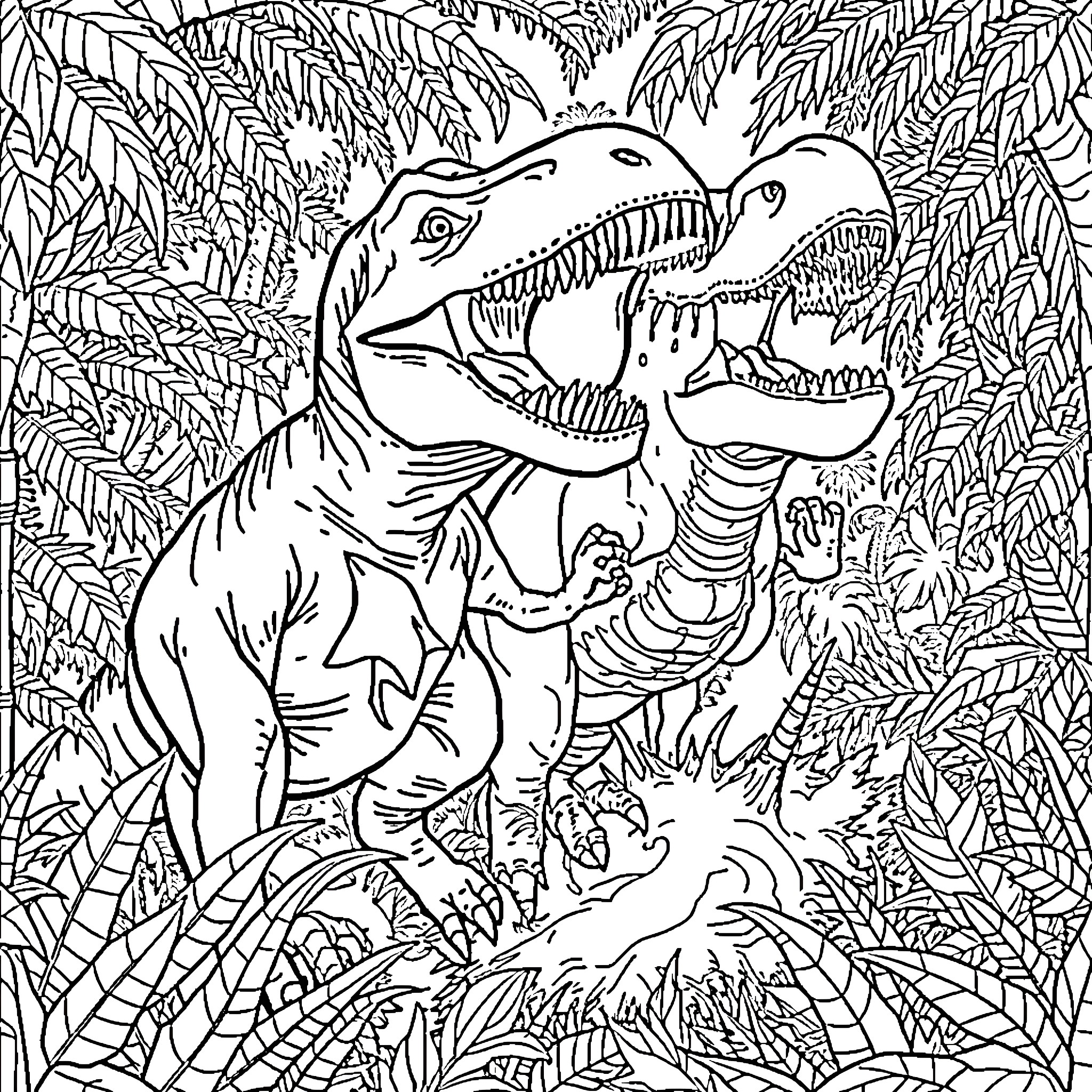 Dinosaurs fiercely battling in lush jungle landscape Coloring Page (free black-and-white line drawing printable PDF for all, from beginners to advanced learners, including children, teens, adults, and seniors)