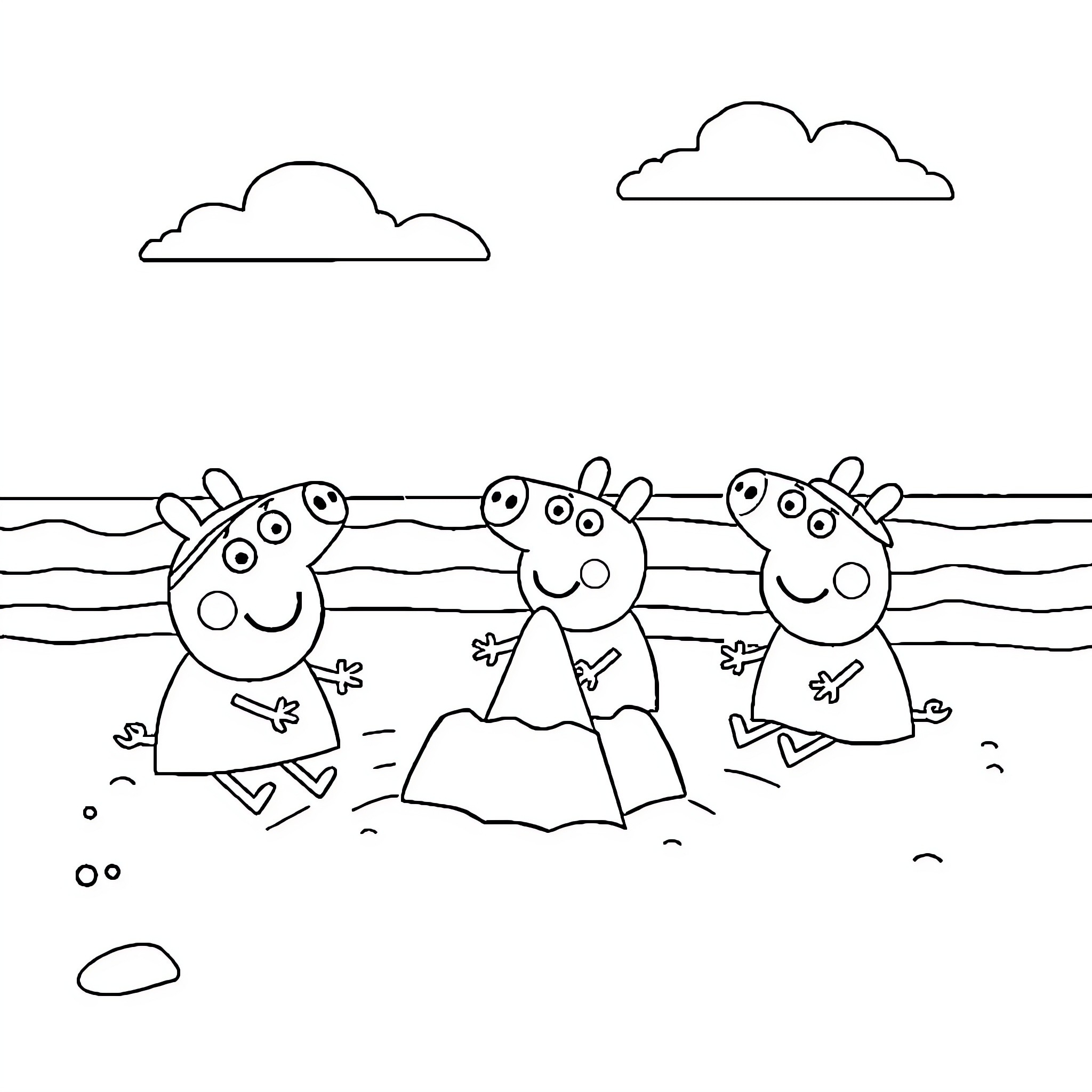Bluey and friends playing on the beach Coloring Page (free black-and-white line drawing printable PDF for all, from beginners to advanced learners, including children, teens, adults, and seniors)