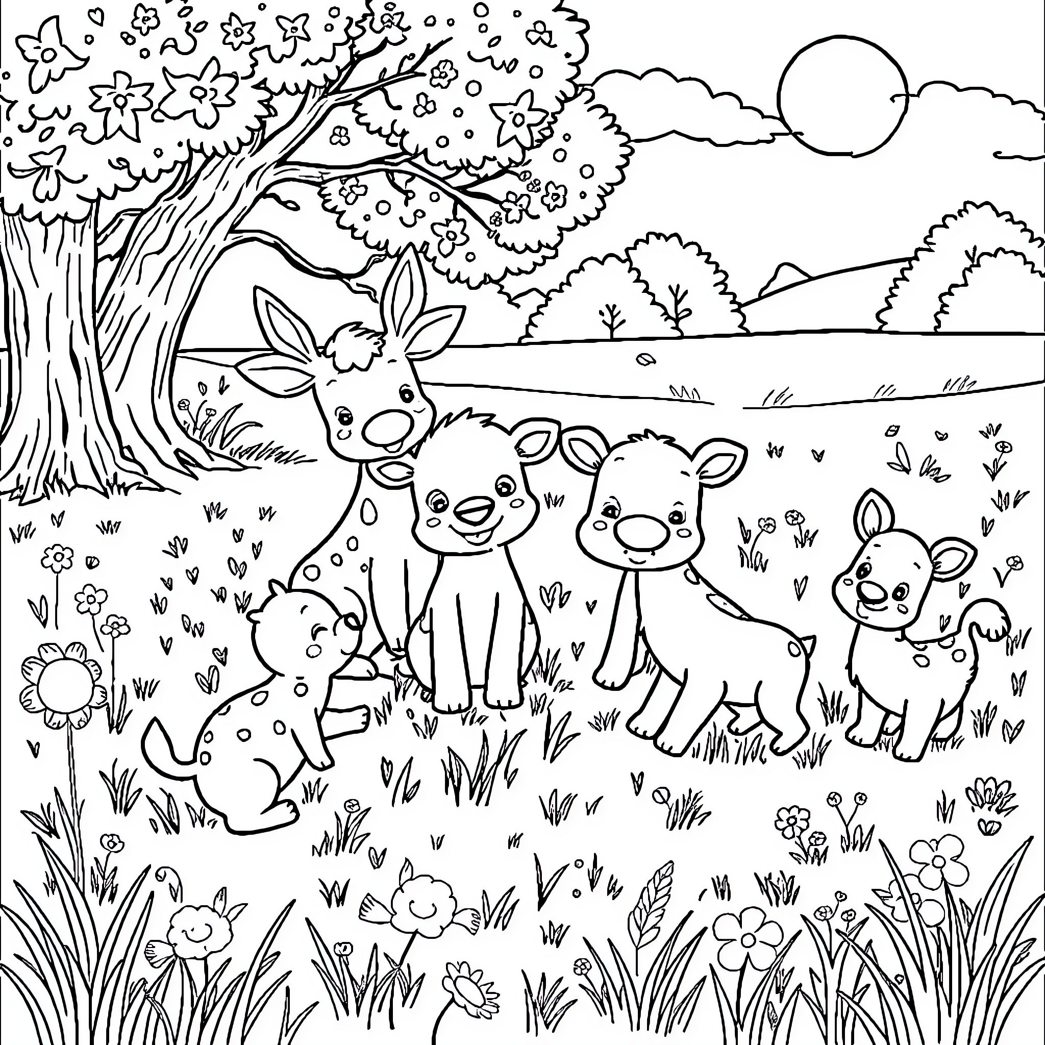 Animal friends explore in the serene nature Coloring Page (free black-and-white line drawing printable PDF for all, from beginners to advanced learners, including children, teens, adults, and seniors)