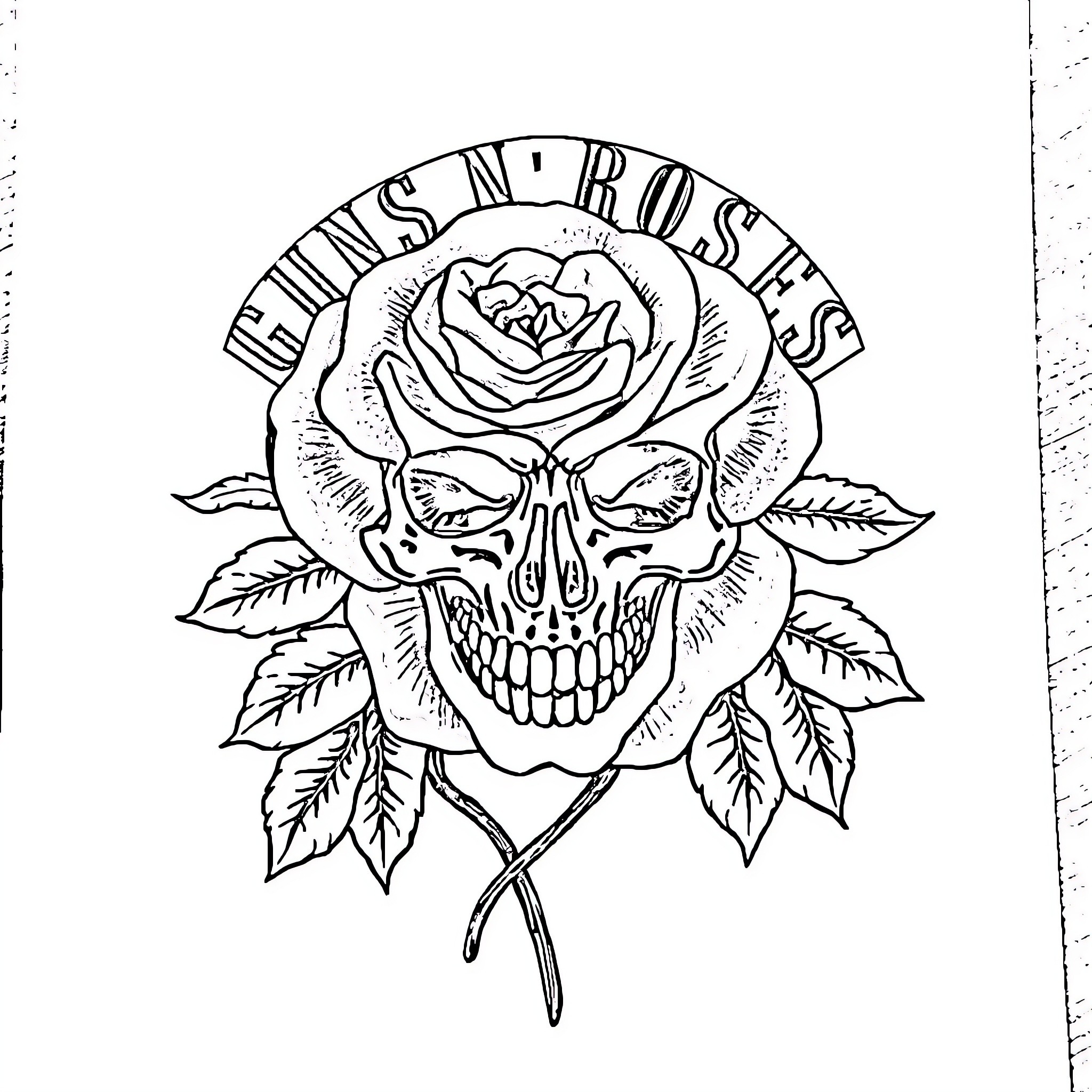 Guns N' Roses Skull and Rose Tattoo Design Coloring Page (free black-and-white line drawing printable PDF for all, from beginners to advanced learners, including children, teens, adults, and seniors)