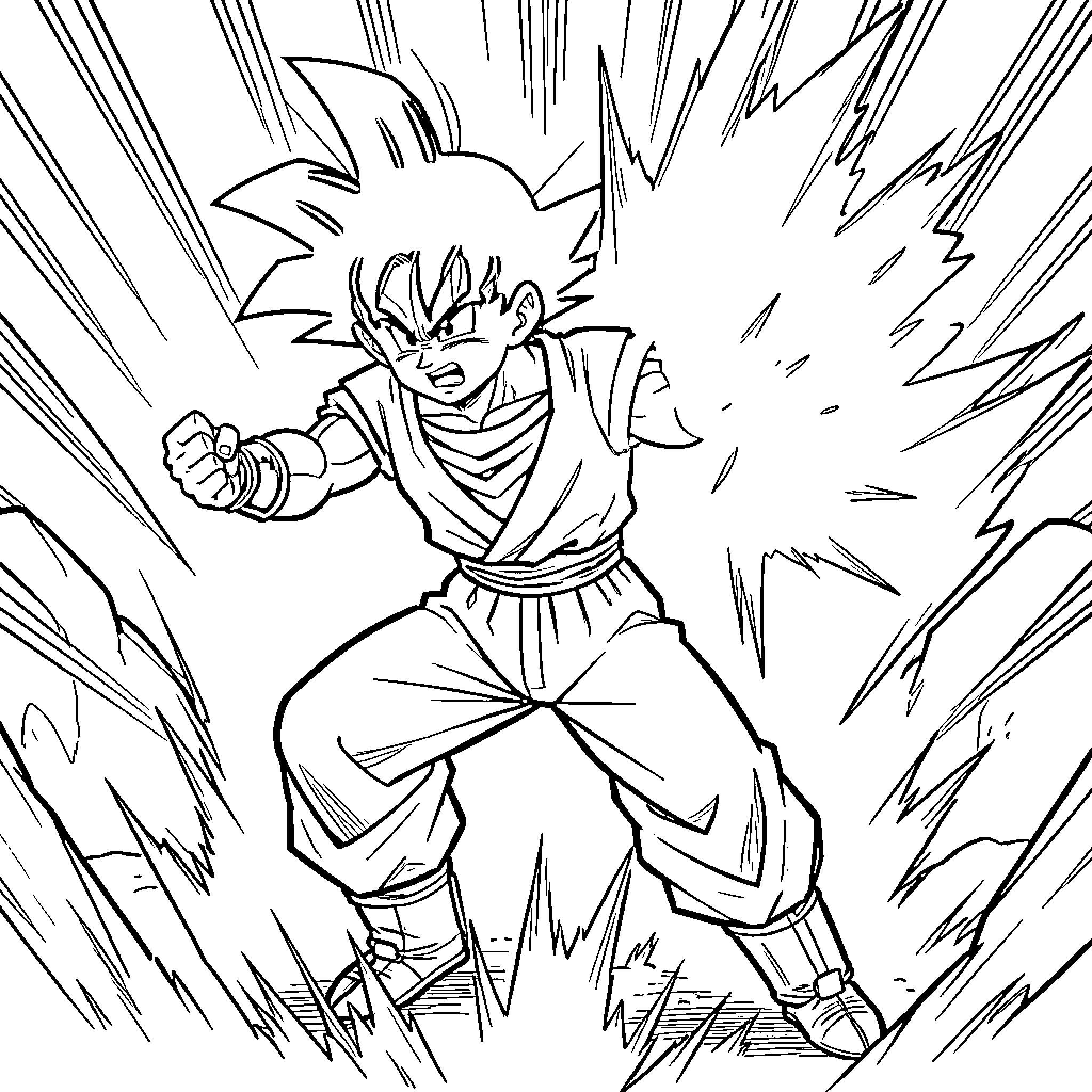 Dragon warrior powering up amidst intense energy bursts Coloring Page (free black-and-white line drawing printable PDF for all, from beginners to advanced learners, including children, teens, adults, and seniors)