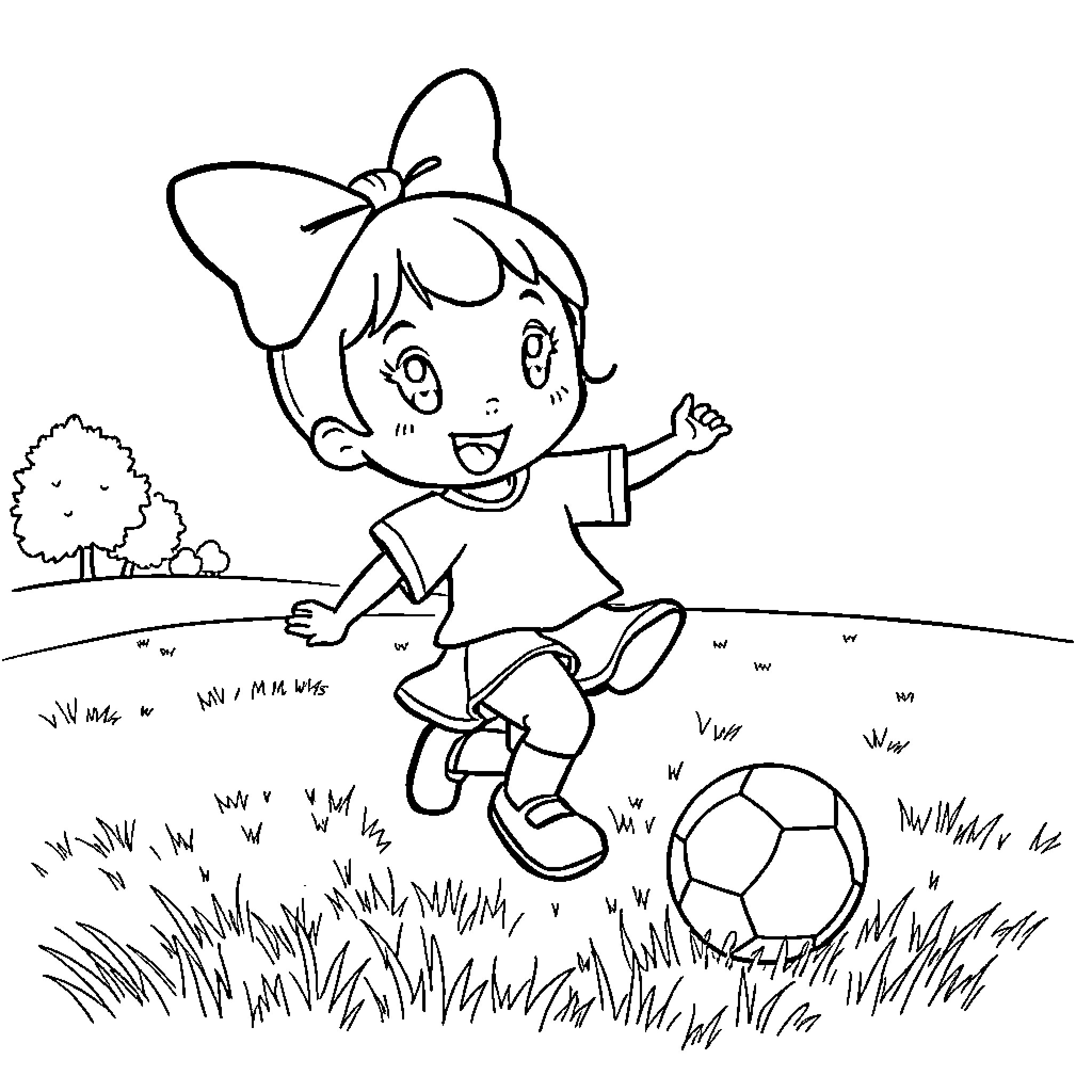 My Melody Happily Kicking a Soccer Ball in the Park Coloring Page (free black-and-white line drawing printable PDF for all, from beginners to advanced learners, including children, teens, adults, and seniors)