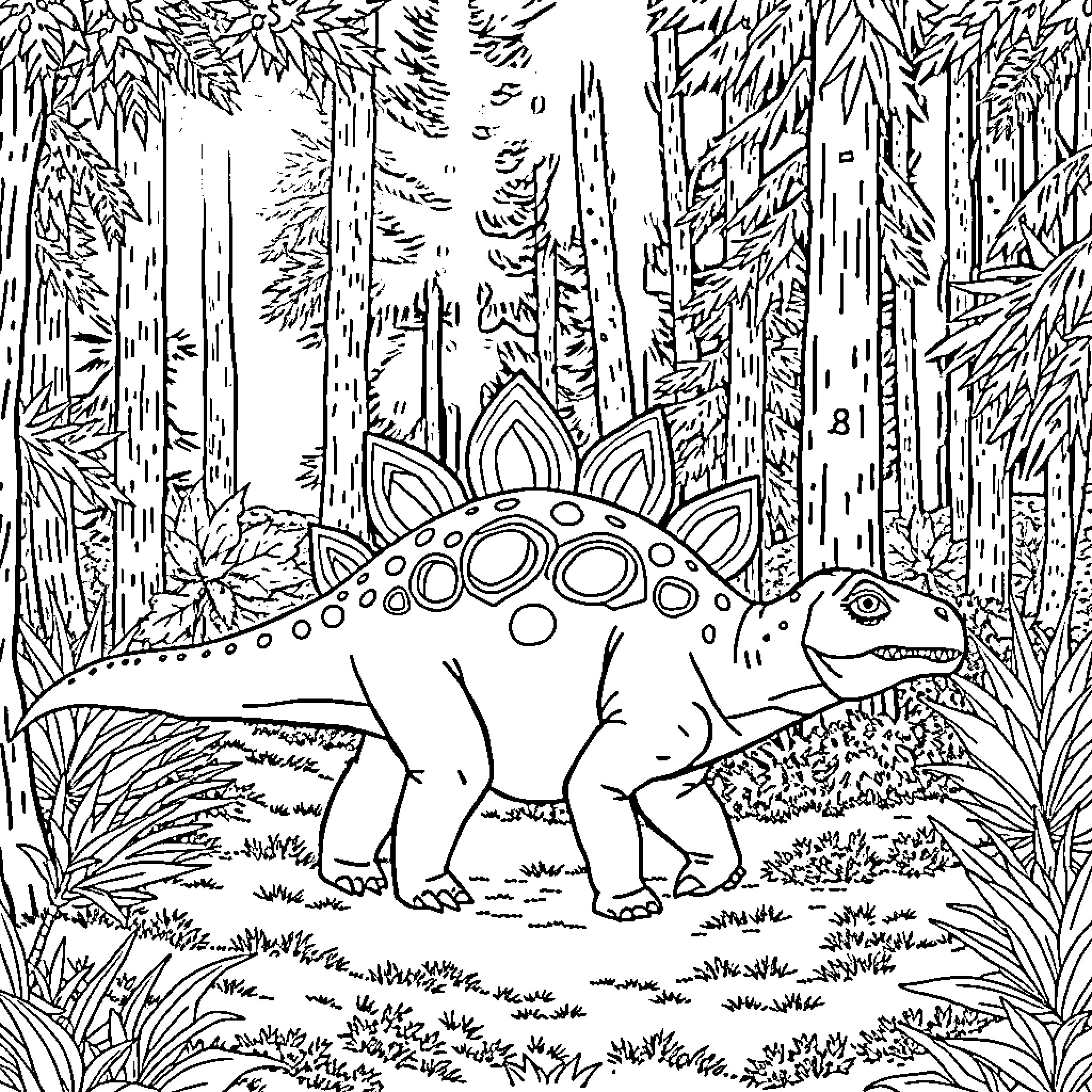 Stegosaurus exploring the prehistoric forest Coloring Page (free black-and-white line drawing printable PDF for all, from beginners to advanced learners, including children, teens, adults, and seniors)