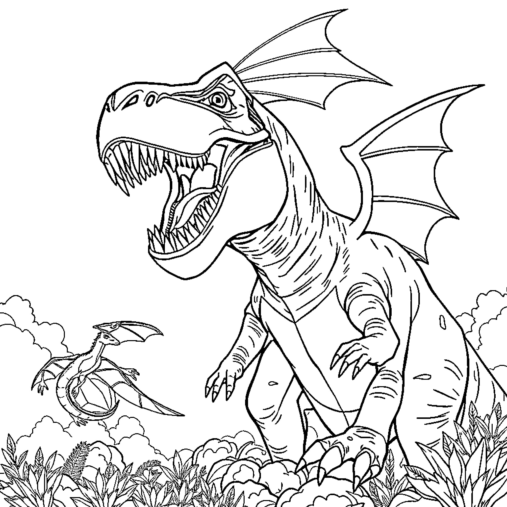T-Rex Battles Fierce Mythical Creatures in the Wild Coloring Page (free black-and-white line drawing printable PDF for all, from beginners to advanced learners, including children, teens, adults, and seniors)