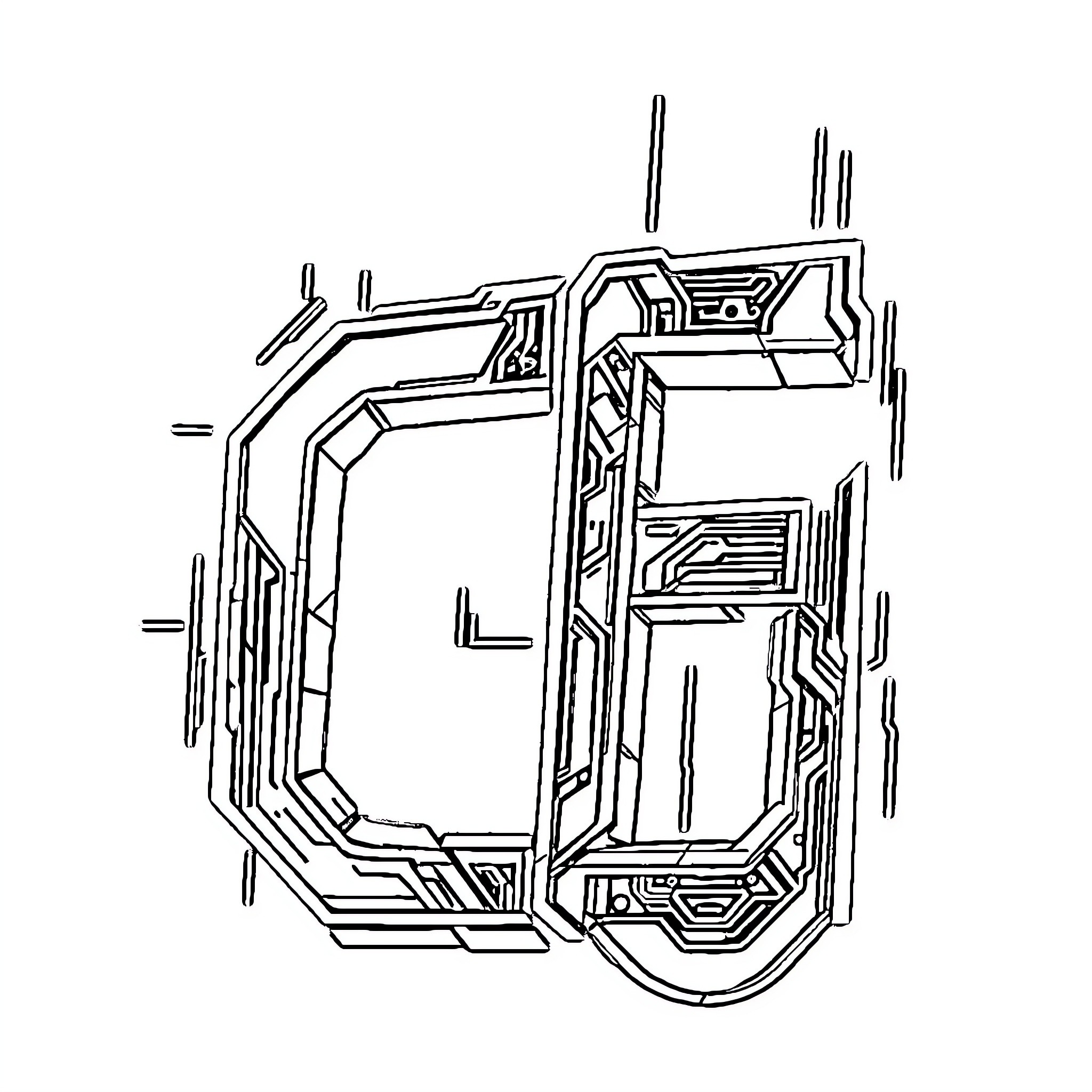 Letter Depicting Intricate Mechanical Structure Coloring Page (free black-and-white line drawing printable PDF for all, from beginners to advanced learners, including children, teens, adults, and seniors)