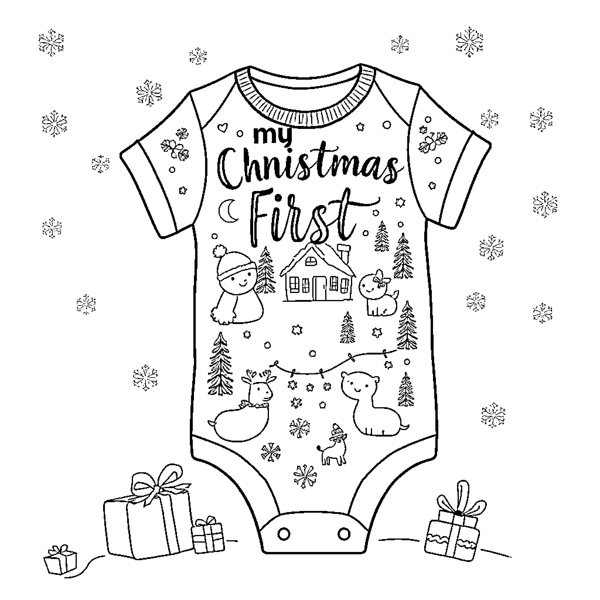 Christmas themed baby outfit with various holiday elements Coloring Page (free black-and-white line drawing printable PDF for all, from beginners to advanced learners, including children, teens, adults, and seniors)