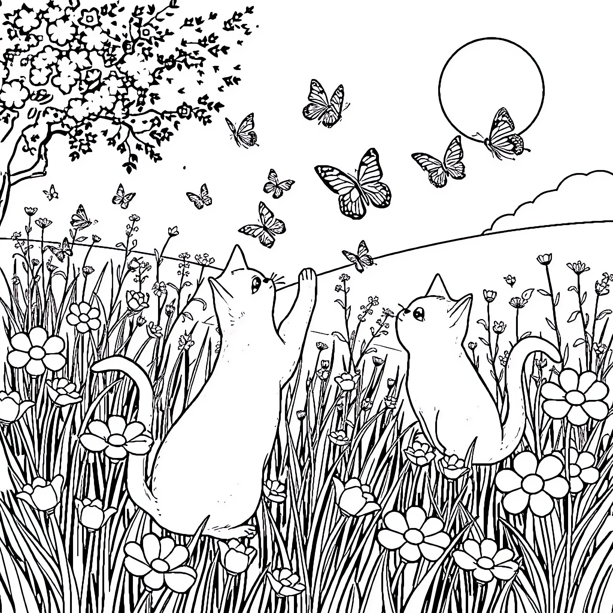 Cat playing in a field of flowers and butterflies Coloring Page (free black-and-white line drawing printable PDF for all, from beginners to advanced learners, including children, teens, adults, and seniors)